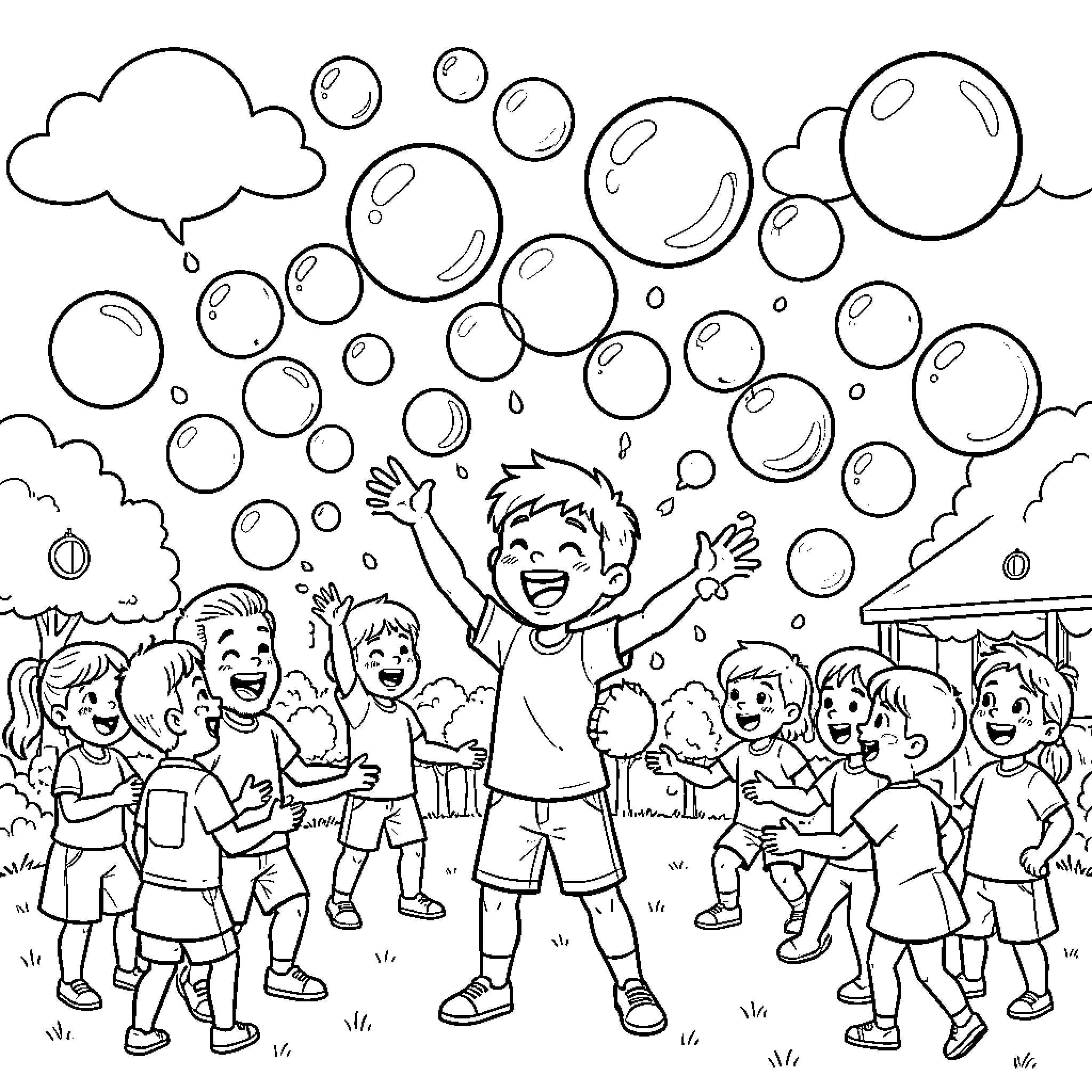 Bubble fun with children at play Coloring Page (free black-and-white line drawing printable PDF for all, from beginners to advanced learners, including children, teens, adults, and seniors)