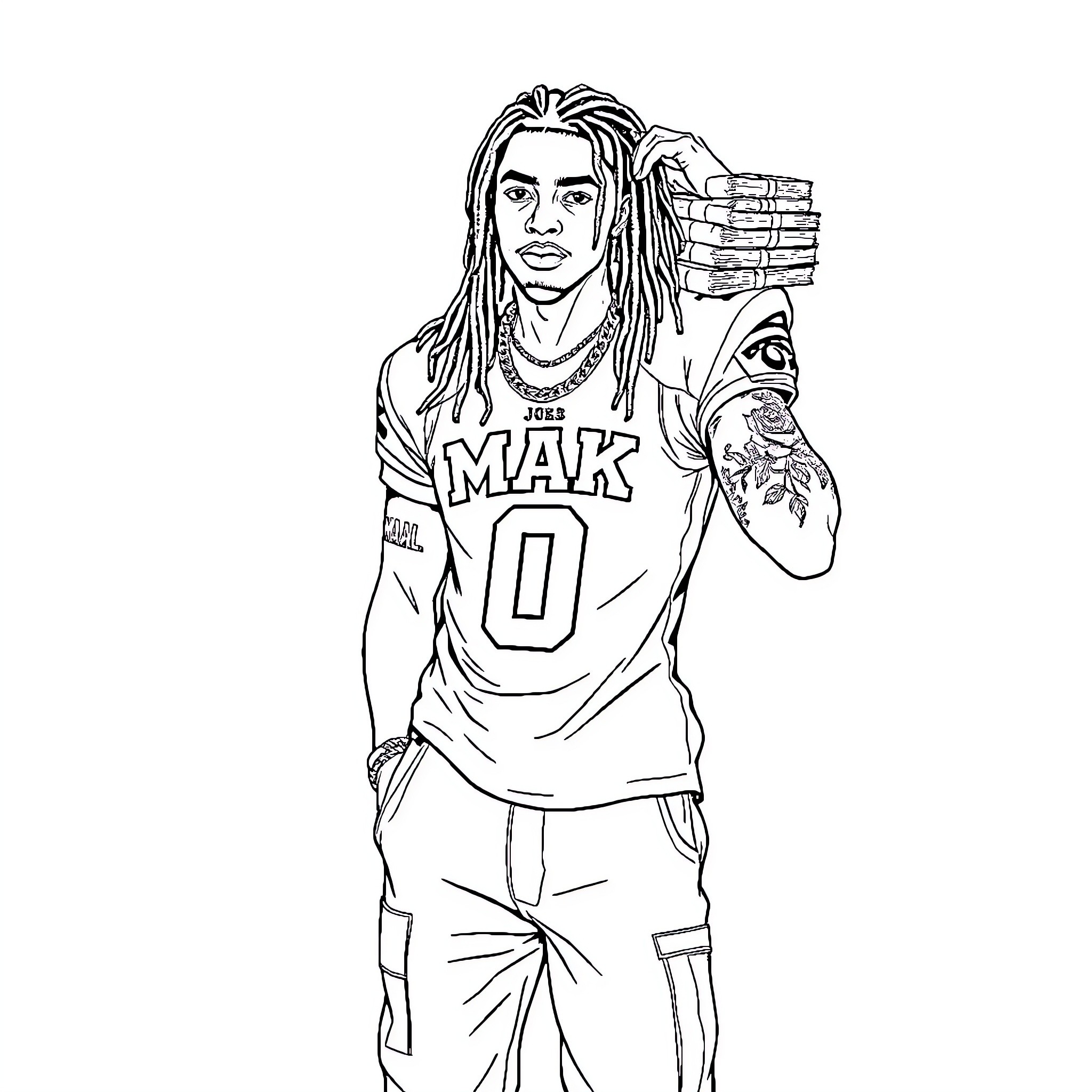 Male athlete in jersey and pants posing confidently Coloring Page (free black-and-white line drawing printable PDF for all, from beginners to advanced learners, including children, teens, adults, and seniors)