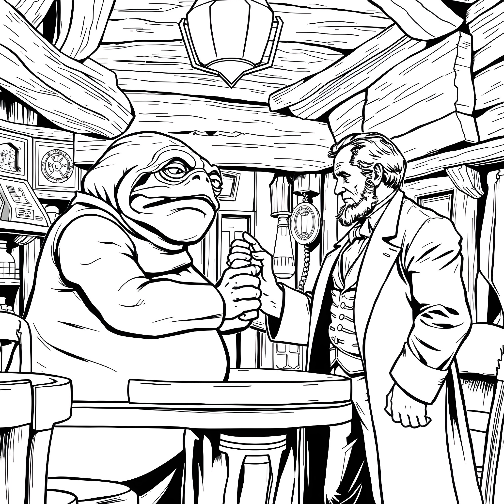 Jabba the Hutt meets with a nobleman in his palace Coloring Page (free black-and-white line drawing printable PDF for all, from beginners to advanced learners, including children, teens, adults, and seniors)