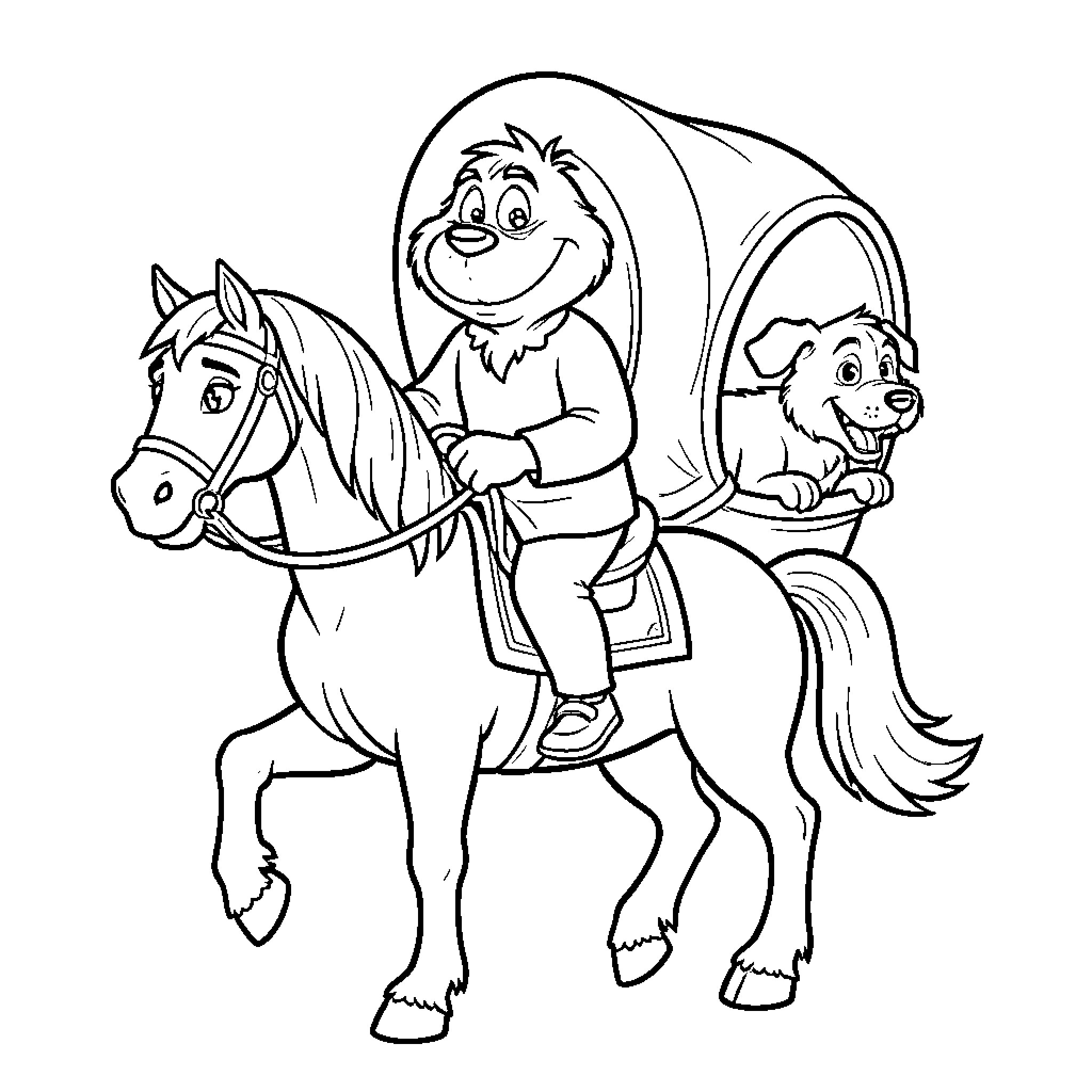 Grinch riding a horse pulling a covered wagon Coloring Page (free black-and-white line drawing printable PDF for all, from beginners to advanced learners, including children, teens, adults, and seniors)