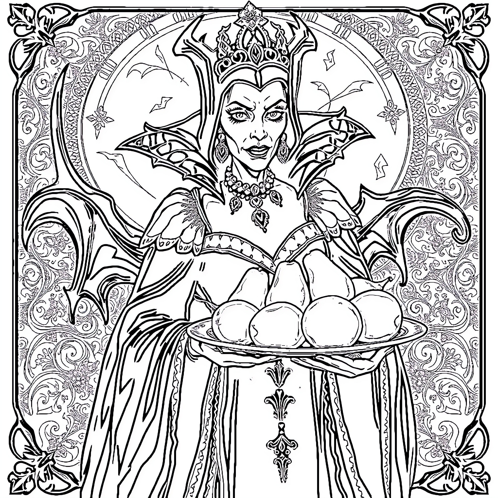 Evil Queen presenting a tray of poisoned apples Coloring Page (free black-and-white line drawing printable PDF for all, from beginners to advanced learners, including children, teens, adults, and seniors)