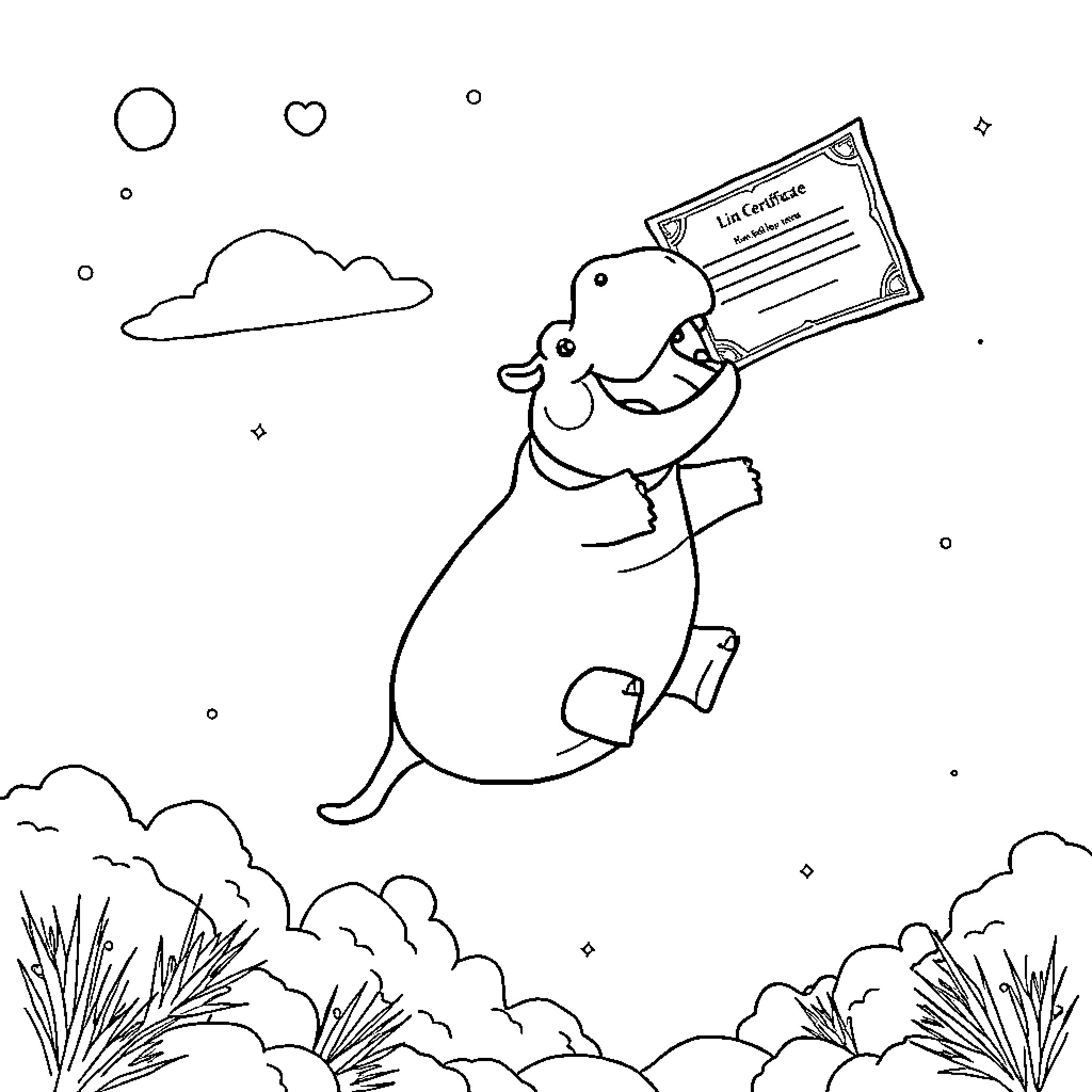 Hippopotamus proudly holding a certificate Coloring Page (free black-and-white line drawing printable PDF for all, from beginners to advanced learners, including children, teens, adults, and seniors)