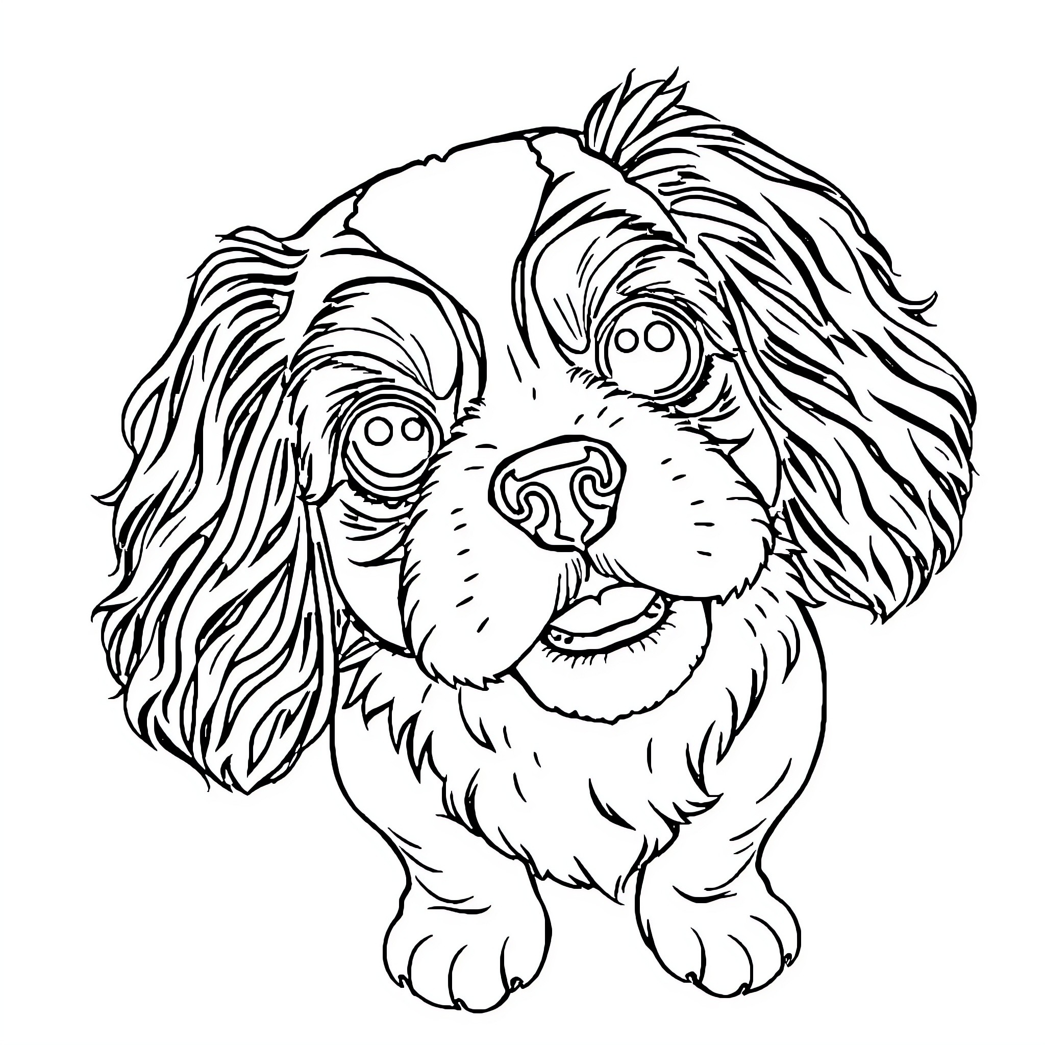Cavalier King Charles Spaniel in Playful Pose Coloring Page (free black-and-white line drawing printable PDF for all, from beginners to advanced learners, including children, teens, adults, and seniors)