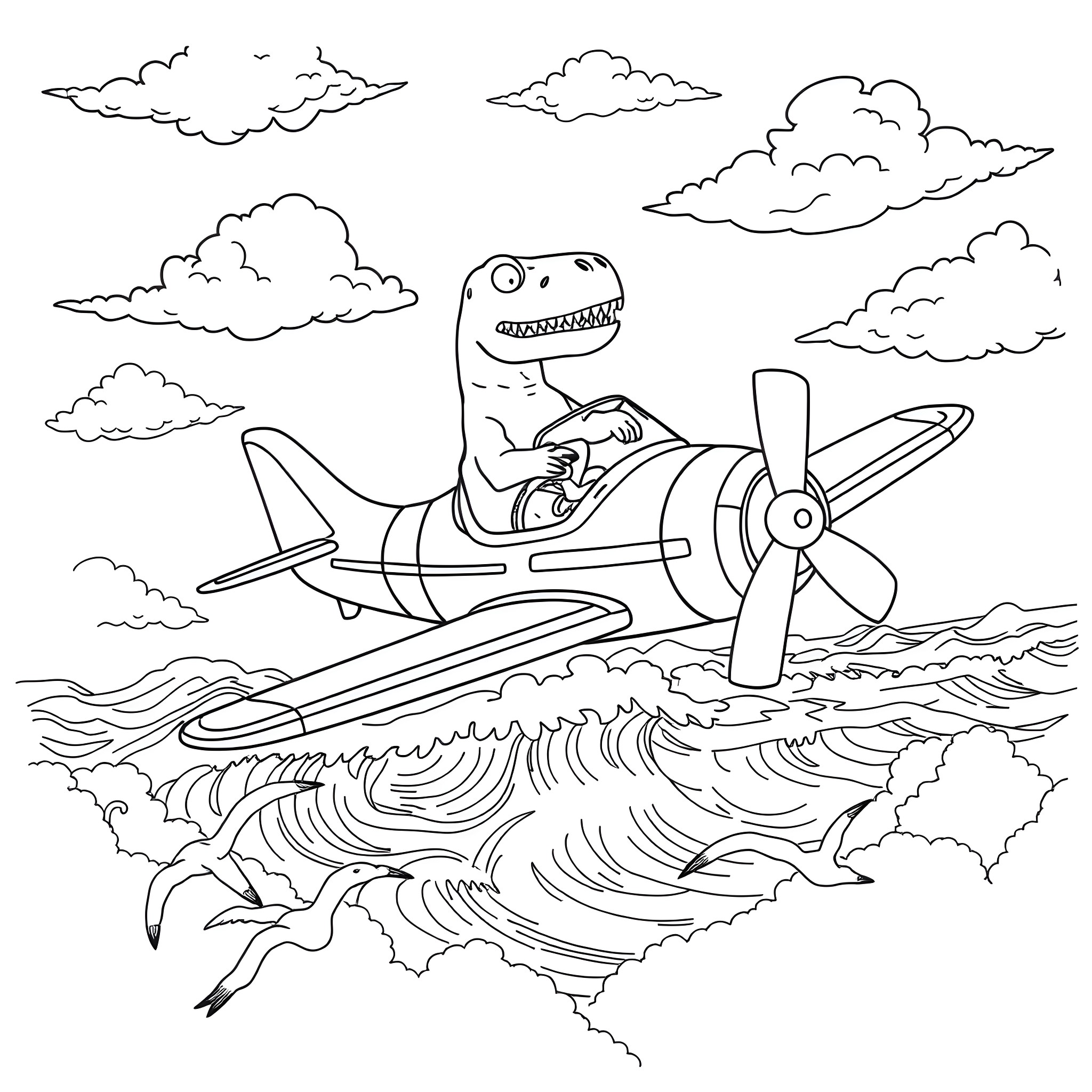 Dinosaur pilot flying a propeller plane in the sky Coloring Page (free black-and-white line drawing printable PDF for all, from beginners to advanced learners, including children, teens, adults, and seniors)