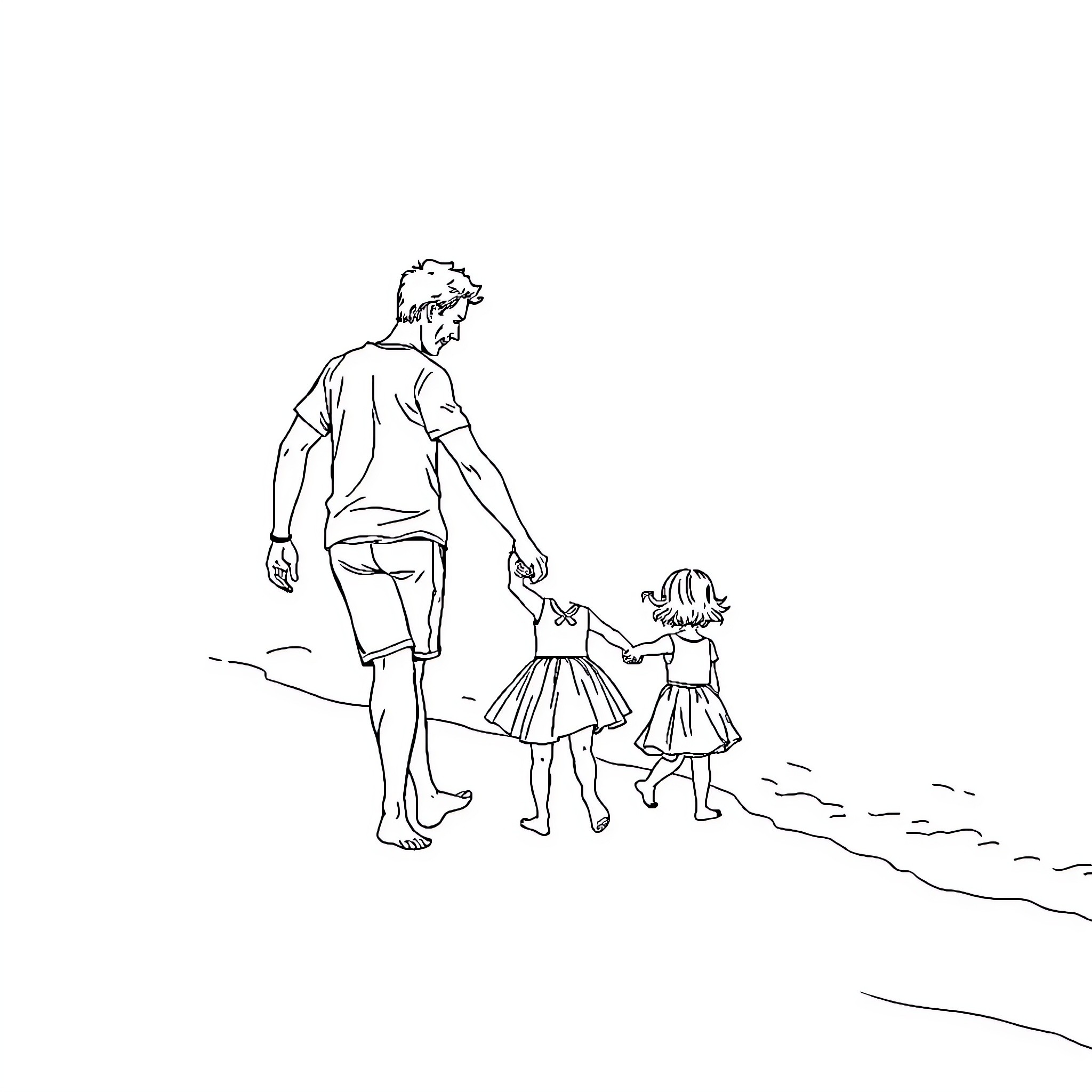 Father walking with daughters on the beach Coloring Page (free black-and-white line drawing printable PDF for all, from beginners to advanced learners, including children, teens, adults, and seniors)