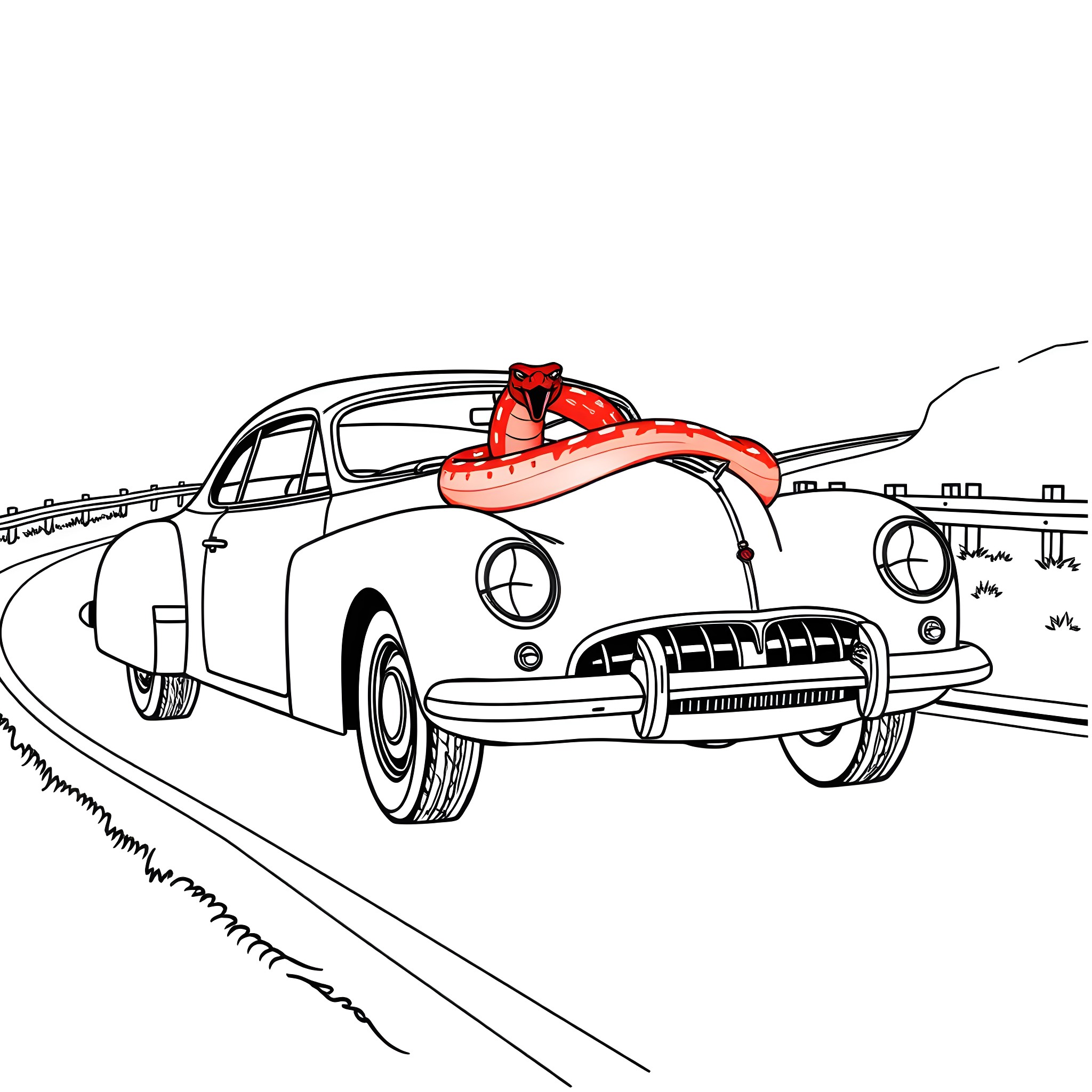 Boa Cruising Down the Road Coloring Page (free black-and-white line drawing printable PDF for all, from beginners to advanced learners, including children, teens, adults, and seniors)