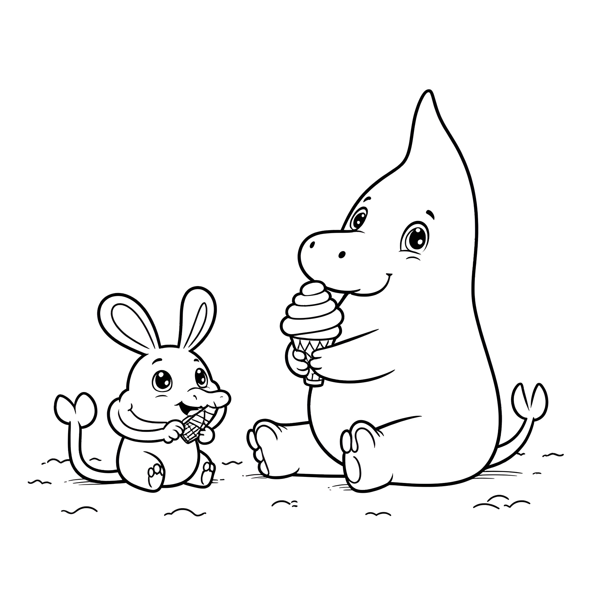 Grimace buddies share ice cream delight Coloring Page (free black-and-white line drawing printable PDF for all, from beginners to advanced learners, including children, teens, adults, and seniors)