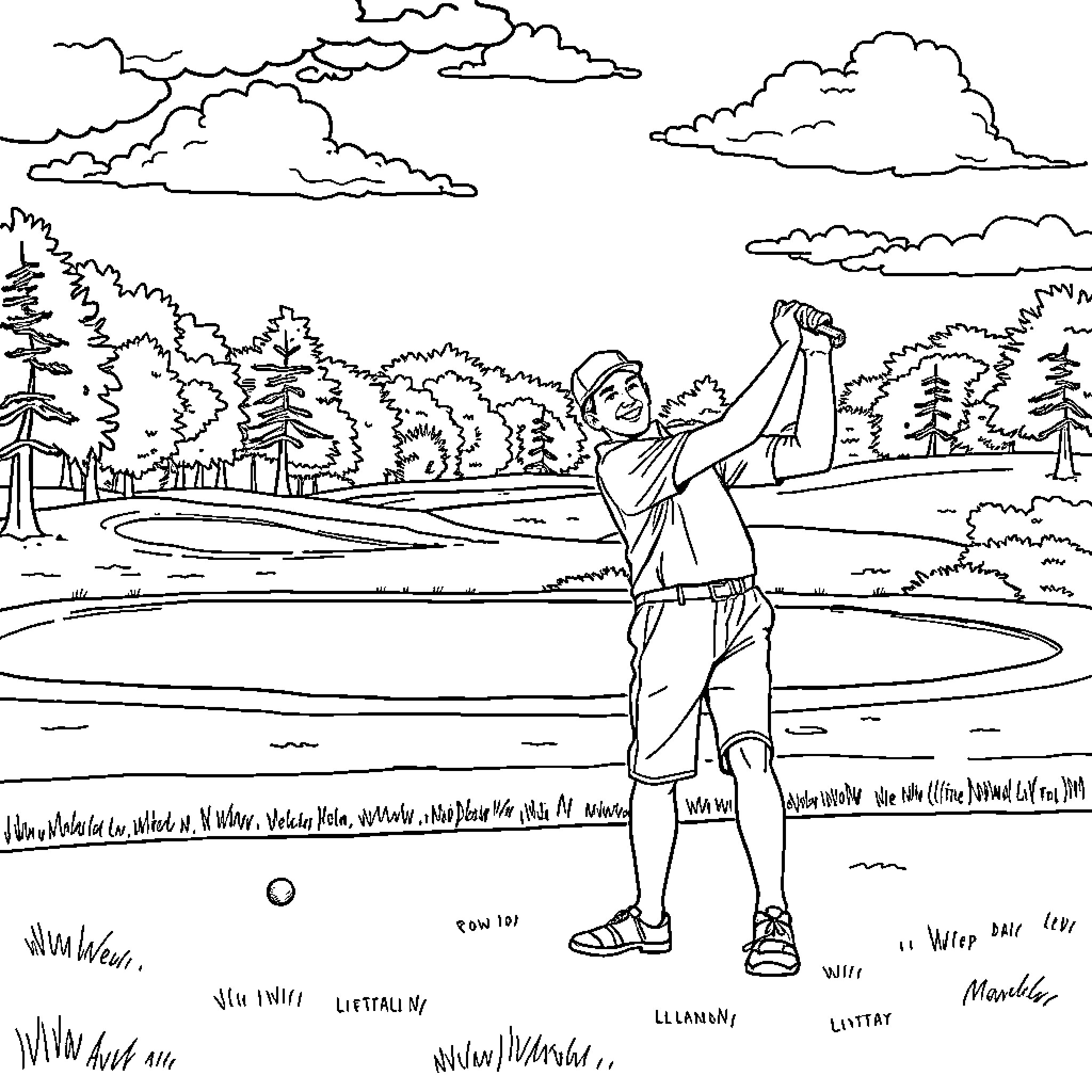 Golfer playing on a scenic golf course Coloring Page (free black-and-white line drawing printable PDF for all, from beginners to advanced learners, including children, teens, adults, and seniors)