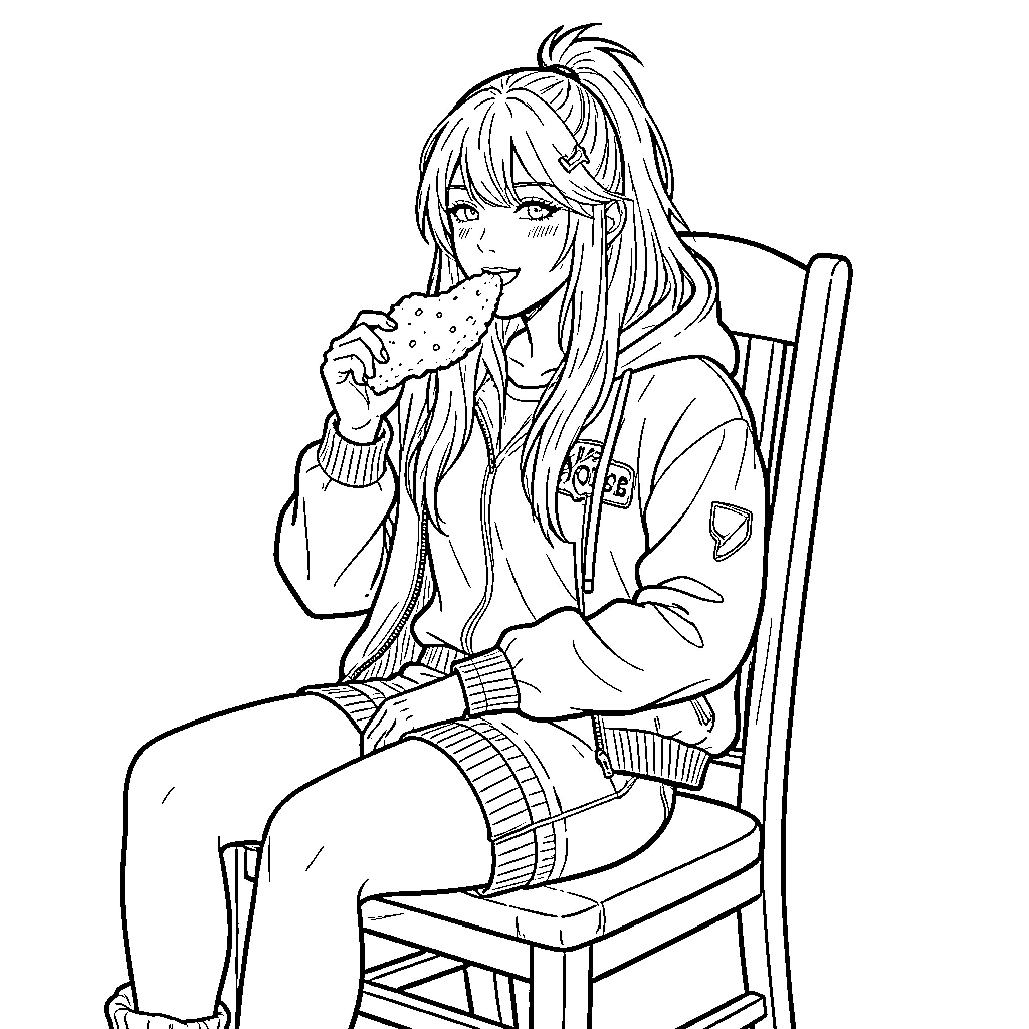 Sowie sitting comfortably and enjoying a snack Coloring Page (free black-and-white line drawing printable PDF for all, from beginners to advanced learners, including children, teens, adults, and seniors)