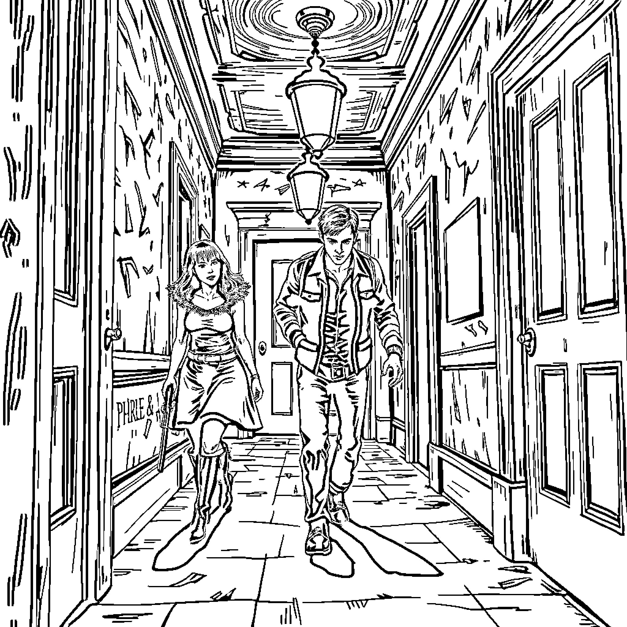 Jill Valentine and partner walking through a mysterious corridor Coloring Page (free black-and-white line drawing printable PDF for all, from beginners to advanced learners, including children, teens, adults, and seniors)