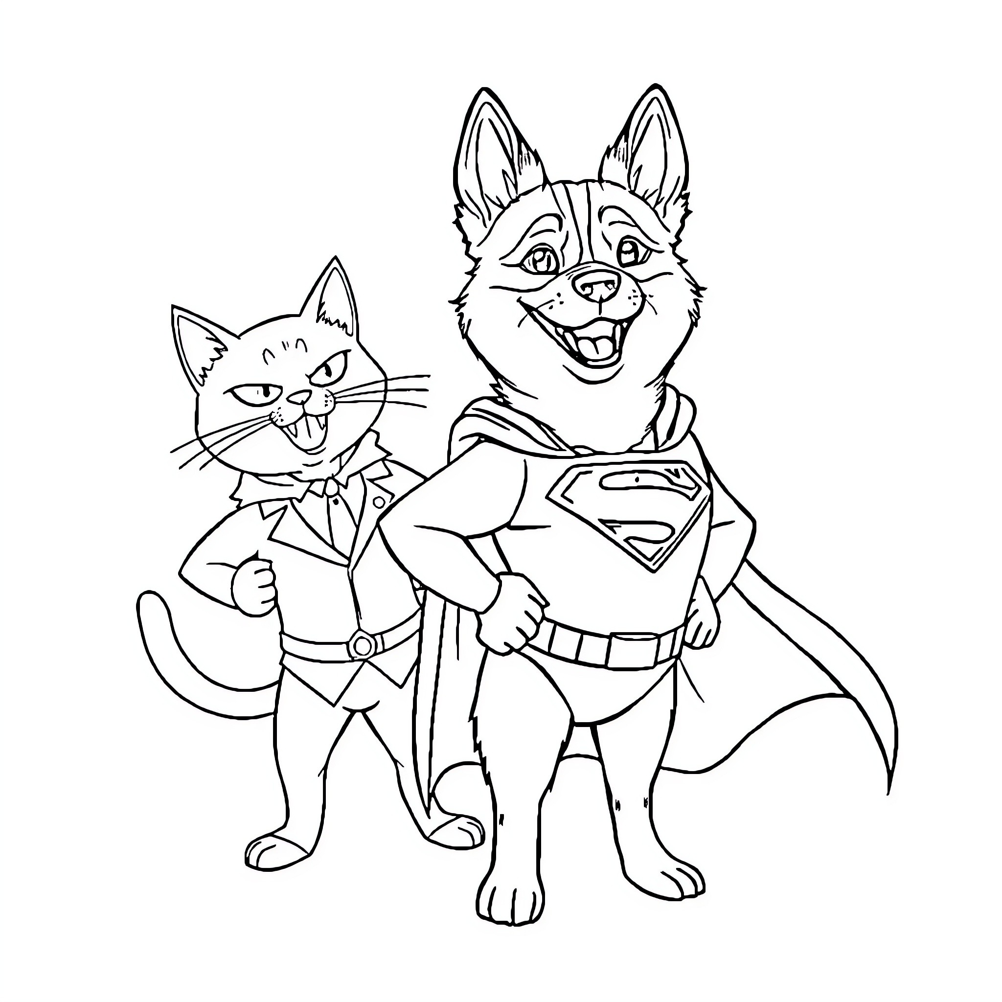 Burmese Mountain Dog and Cat Superheroes Coloring Page (free black-and-white line drawing printable PDF for all, from beginners to advanced learners, including children, teens, adults, and seniors)