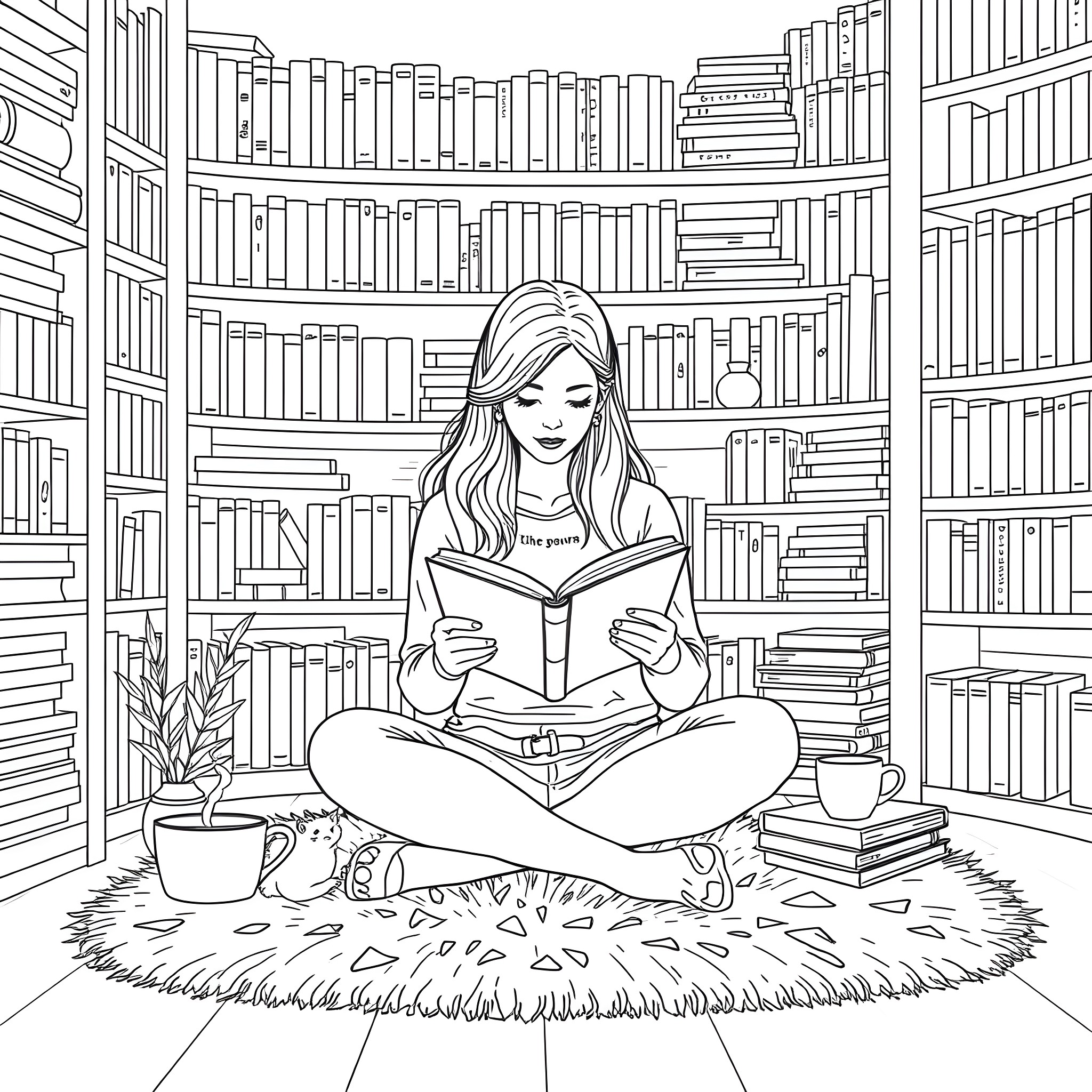 Woman reading a book in a cozy library Coloring Page (free black-and-white line drawing printable PDF for all, from beginners to advanced learners, including children, teens, adults, and seniors)