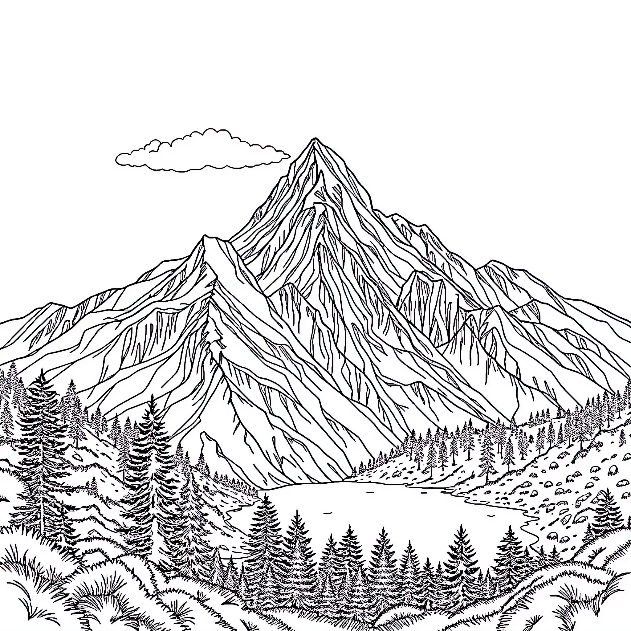 Mountain and Lake Scenic Landscape with Evergreen Forests Coloring Page (free black-and-white line drawing printable PDF for all, from beginners to advanced learners, including children, teens, adults, and seniors)