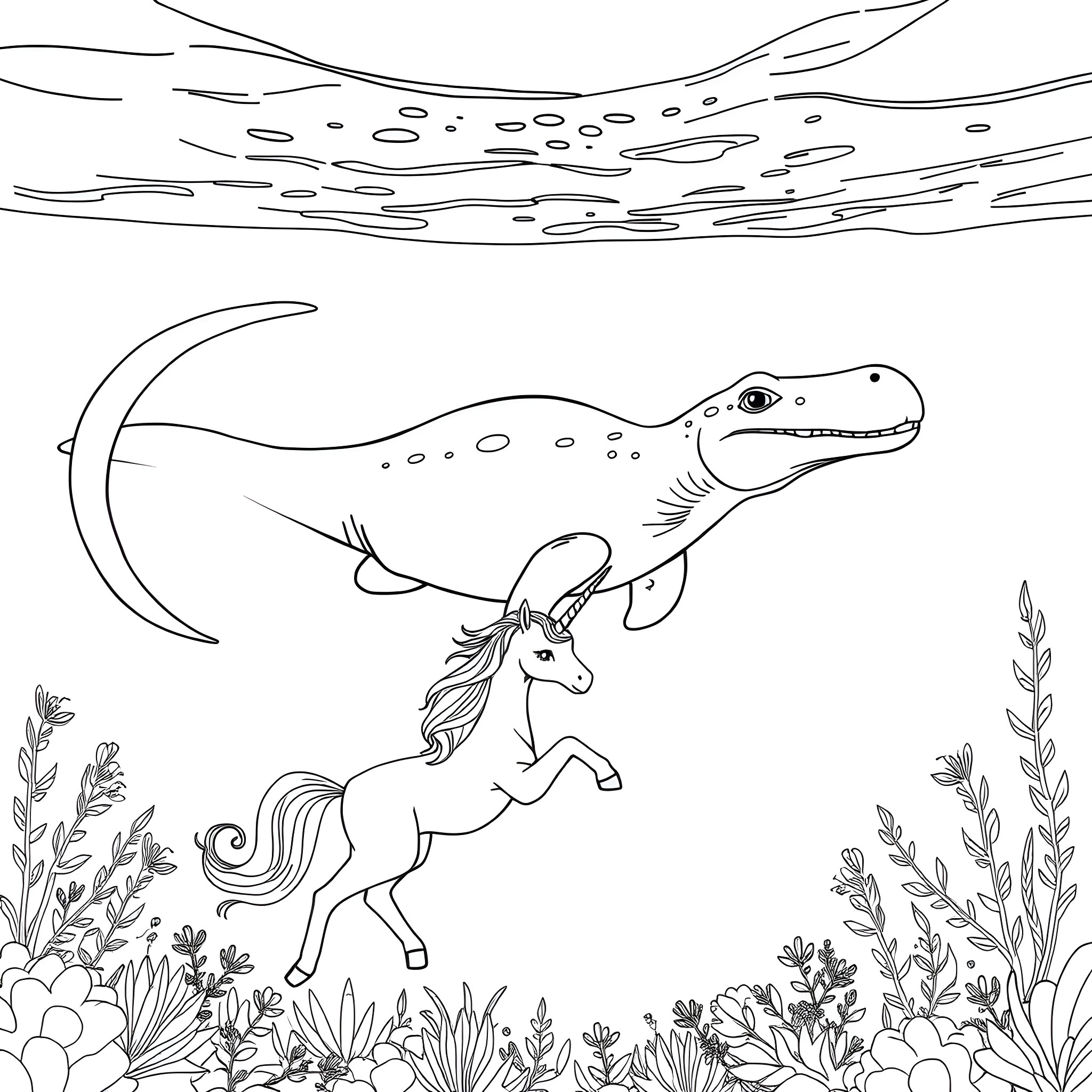 Plesiosaurus exploring the underwater world with a unicorn Coloring Page (free black-and-white line drawing printable PDF for all, from beginners to advanced learners, including children, teens, adults, and seniors)