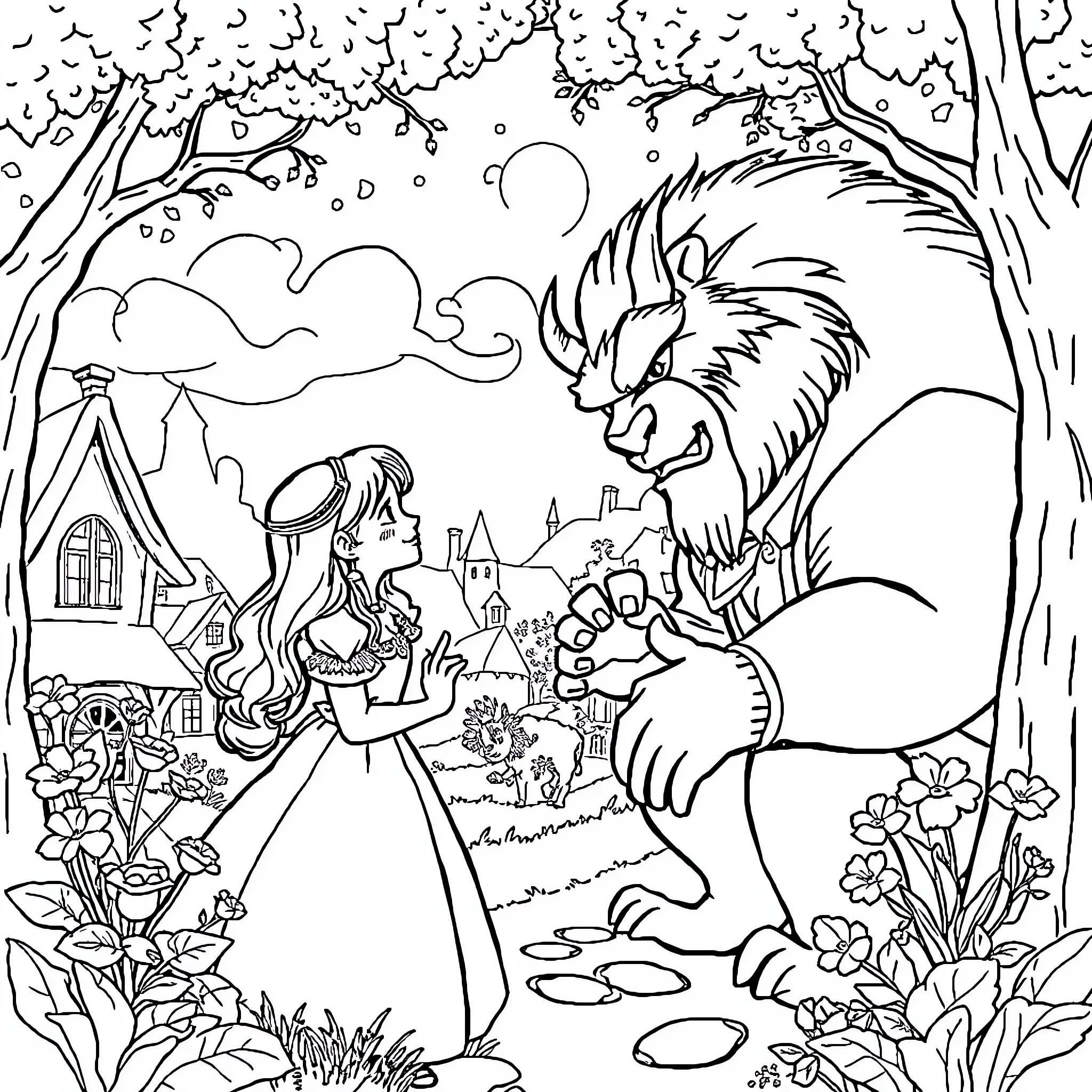 Beauty And The Beast: Enchanted Encounter in the Enchanted Forest Coloring Page (free black-and-white line drawing printable PDF for all, from beginners to advanced learners, including children, teens, adults, and seniors)