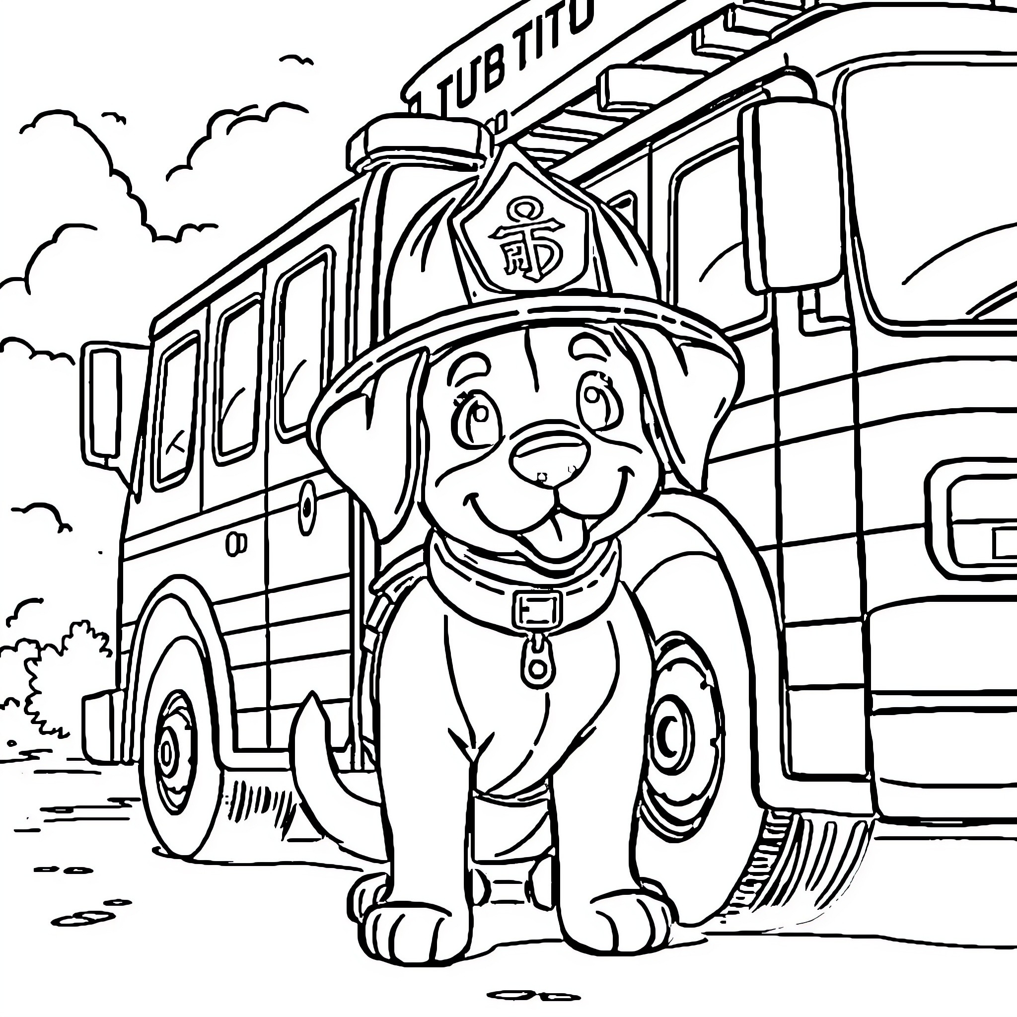 Dog Fire Truck Helper Smiling Outdoors Coloring Page (free black-and-white line drawing printable PDF for all, from beginners to advanced learners, including children, teens, adults, and seniors)