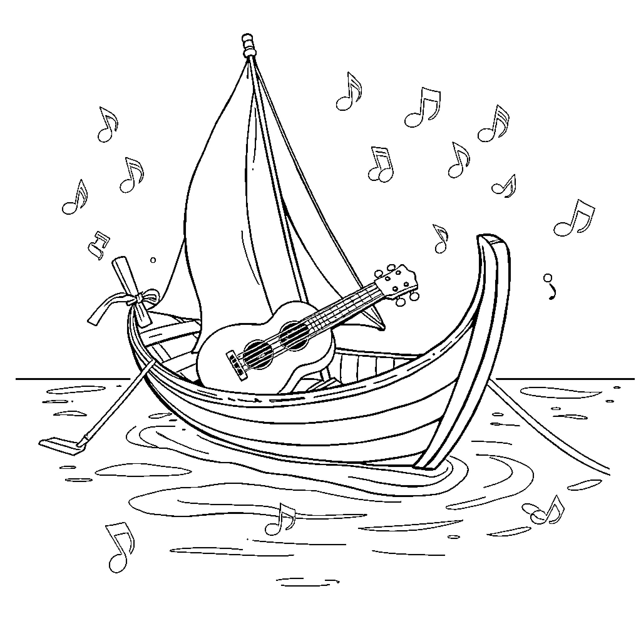 Boat carrying musical instruments on the water Coloring Page (free black-and-white line drawing printable PDF for all, from beginners to advanced learners, including children, teens, adults, and seniors)