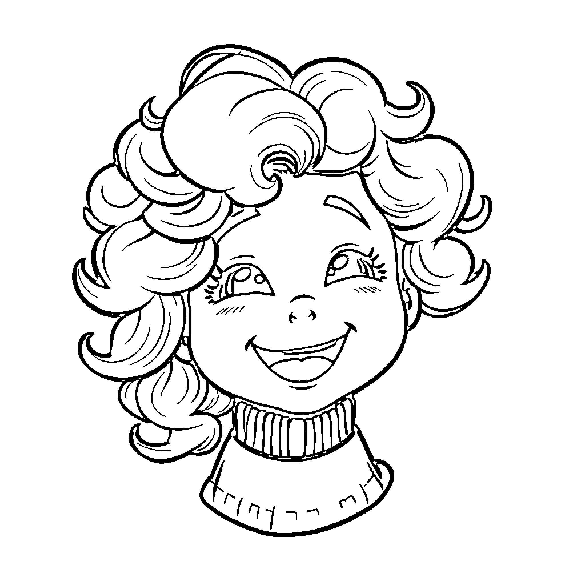 Banchan Smiling Girl with Curly Hair Coloring Page (free black-and-white line drawing printable PDF for all, from beginners to advanced learners, including children, teens, adults, and seniors)