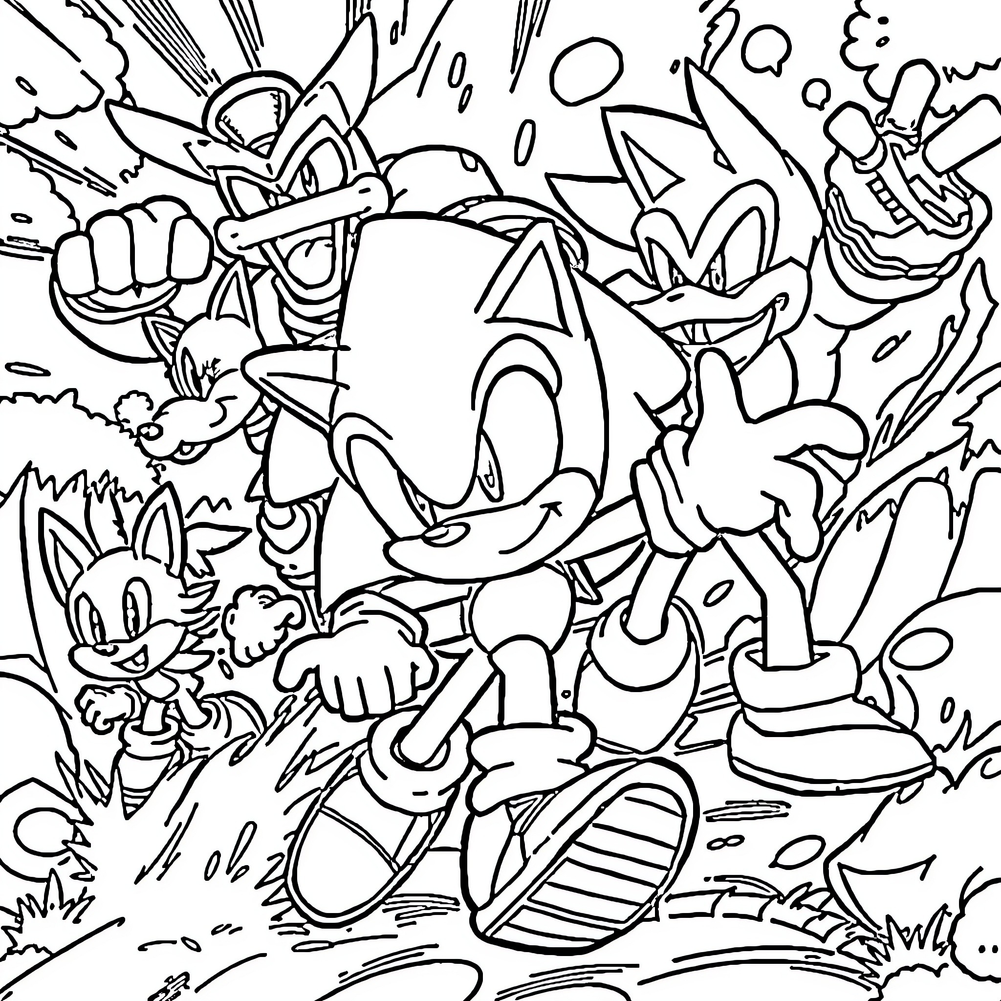 Sonic and friends in a dynamic cartoon scene Coloring Page (free black-and-white line drawing printable PDF for all, from beginners to advanced learners, including children, teens, adults, and seniors)
