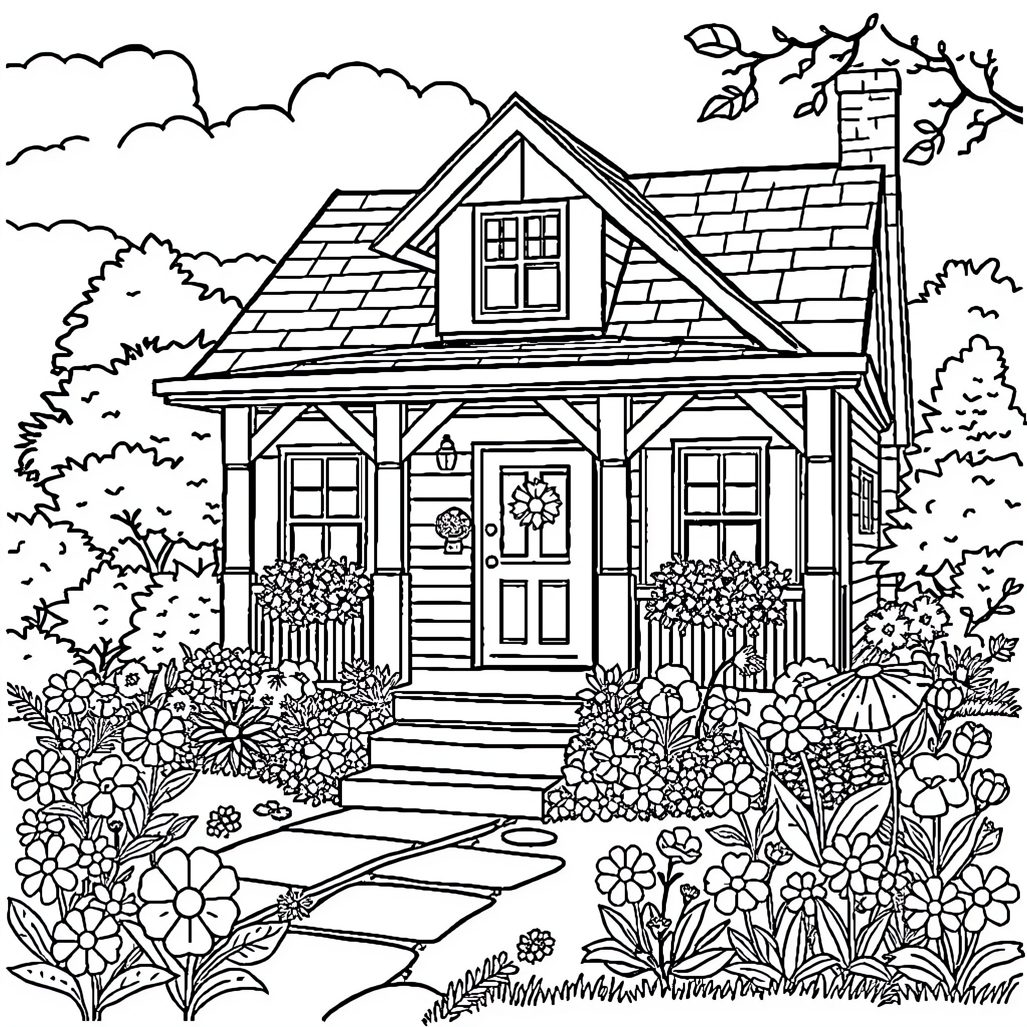 House with Floral Garden and Decorated Porch Coloring Page (free black-and-white line drawing printable PDF for all, from beginners to advanced learners, including children, teens, adults, and seniors)