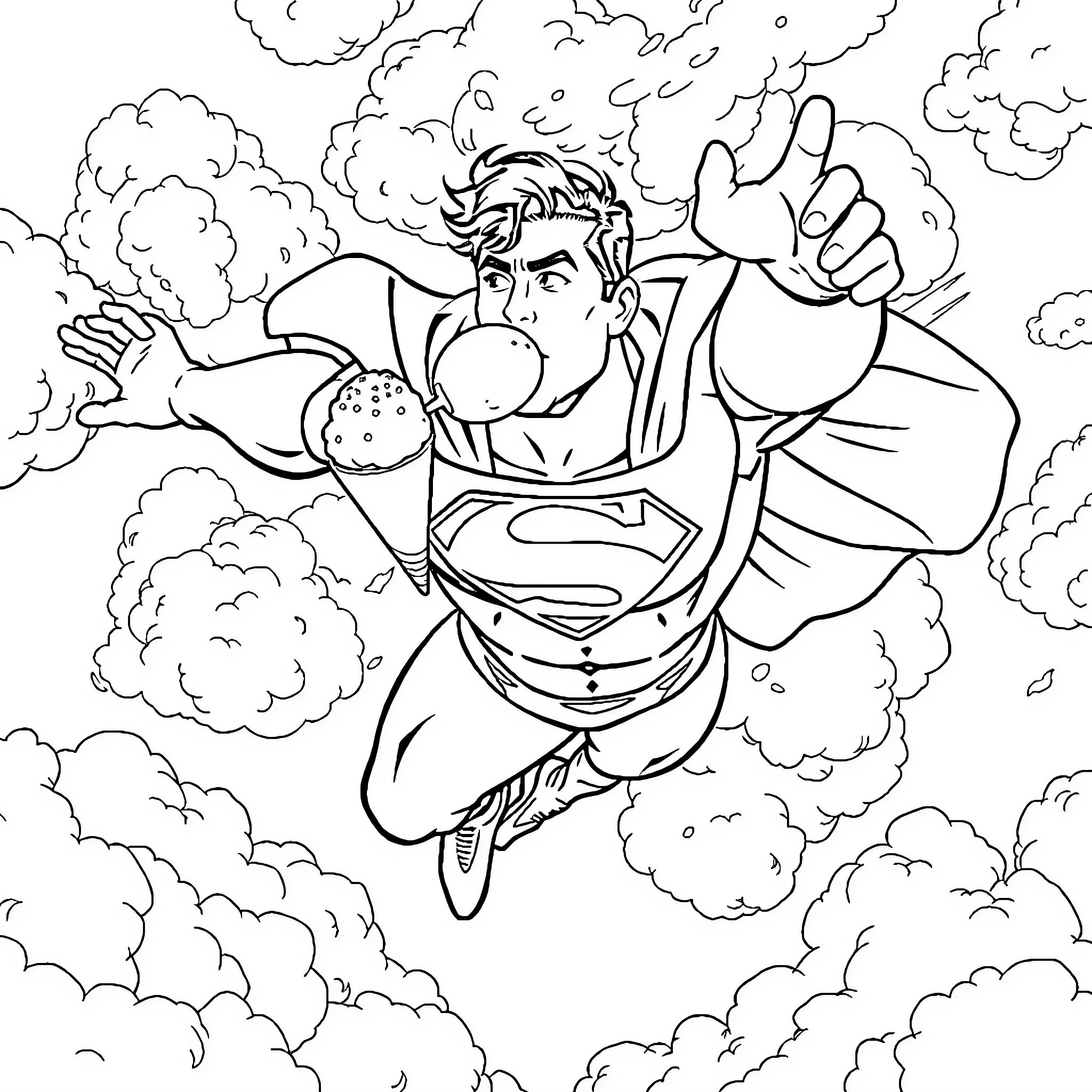 Superman soaring through the clouds with determination Coloring Page (free black-and-white line drawing printable PDF for all, from beginners to advanced learners, including children, teens, adults, and seniors)