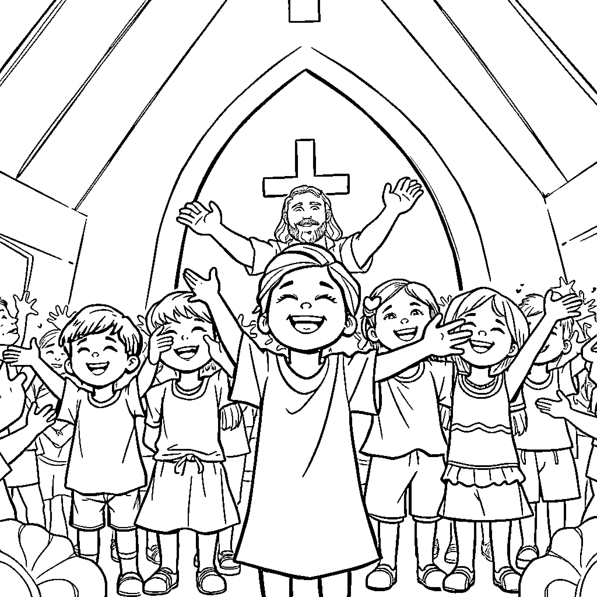 Children happily worshiping at church with Jesus Coloring Page (free black-and-white line drawing printable PDF for all, from beginners to advanced learners, including children, teens, adults, and seniors)