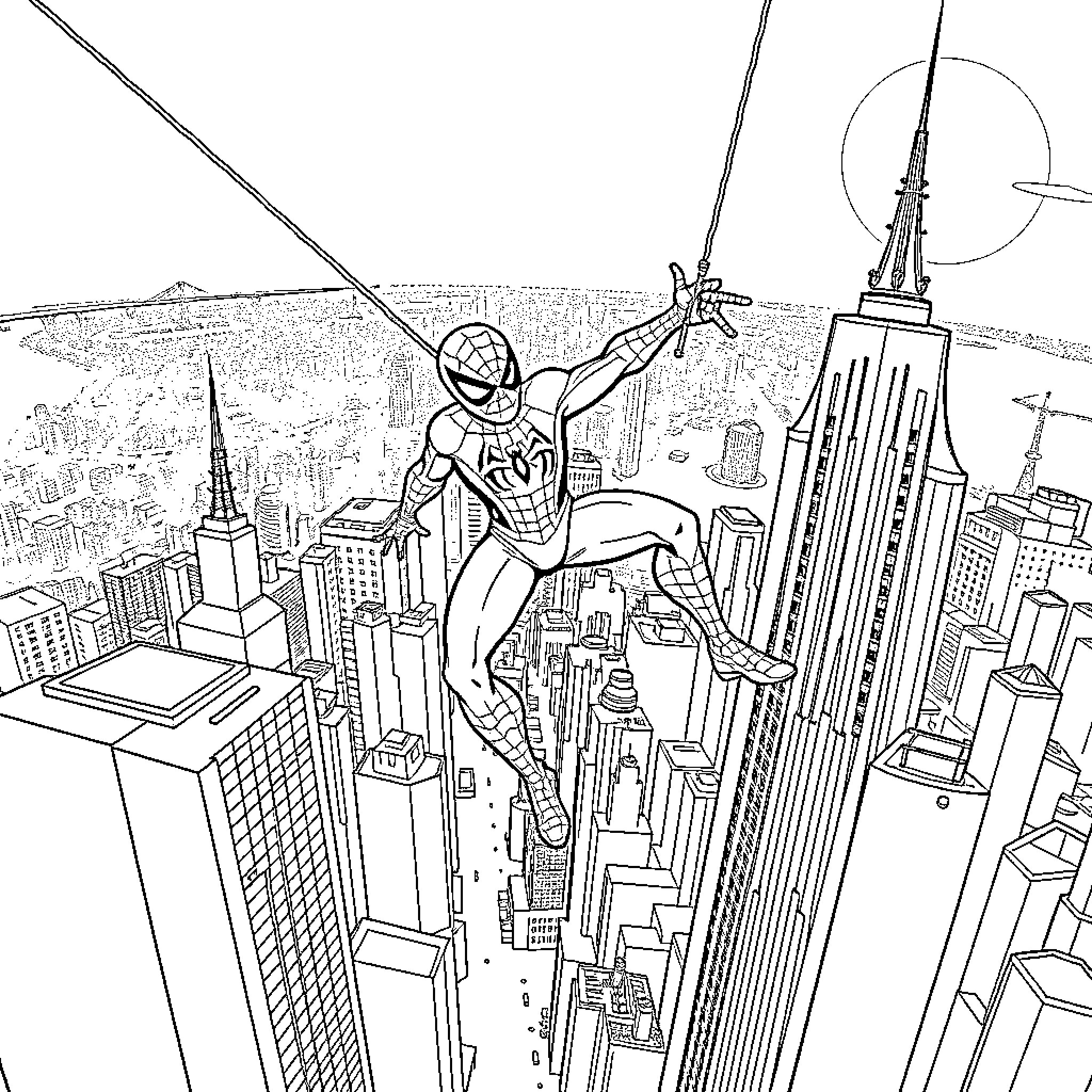 Spider-Man swinging heroically above the city skyline Coloring Page (free black-and-white line drawing printable PDF for all, from beginners to advanced learners, including children, teens, adults, and seniors)