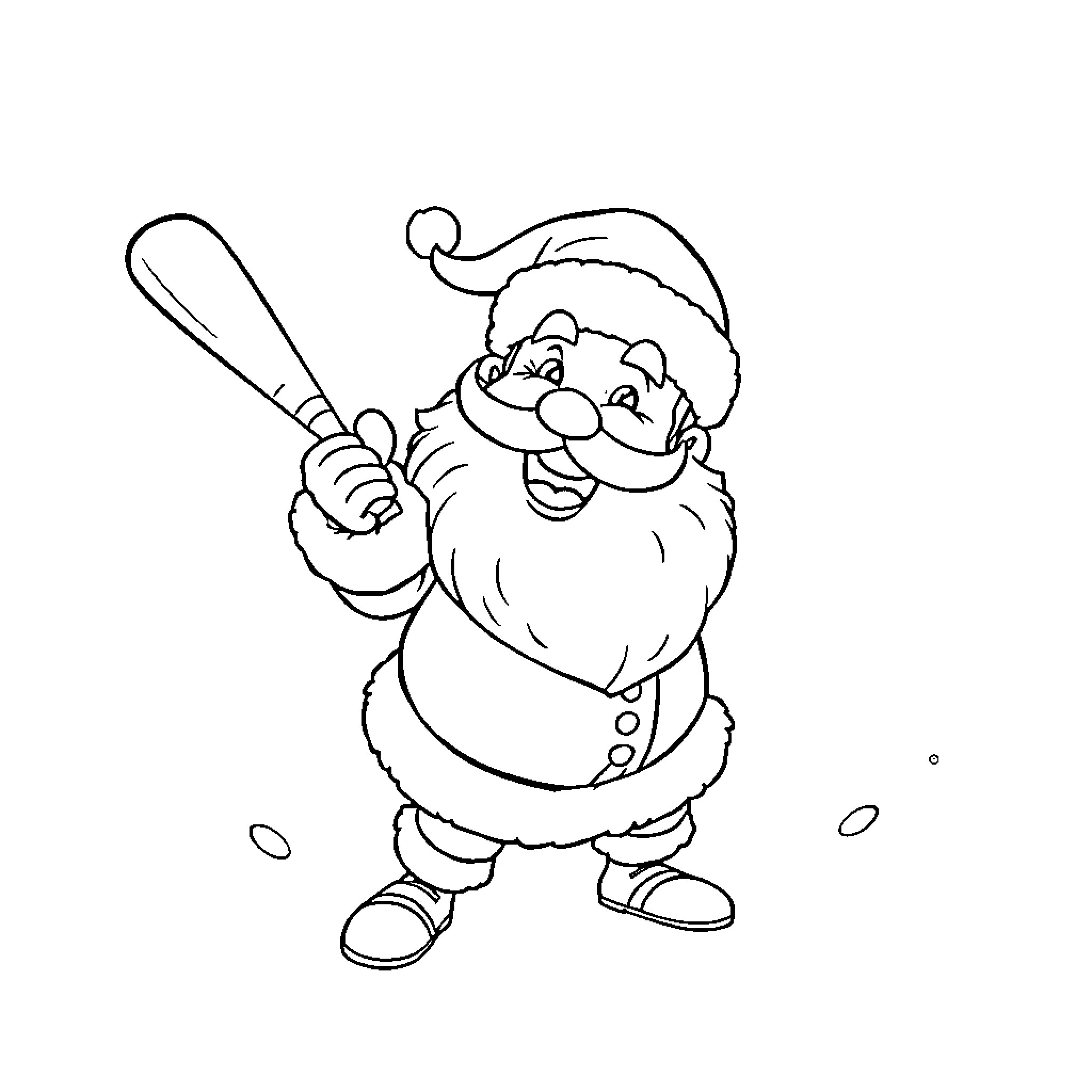 Santa Claus with Baseball Bat and Snow Coloring Page (free black-and-white line drawing printable PDF for all, from beginners to advanced learners, including children, teens, adults, and seniors)