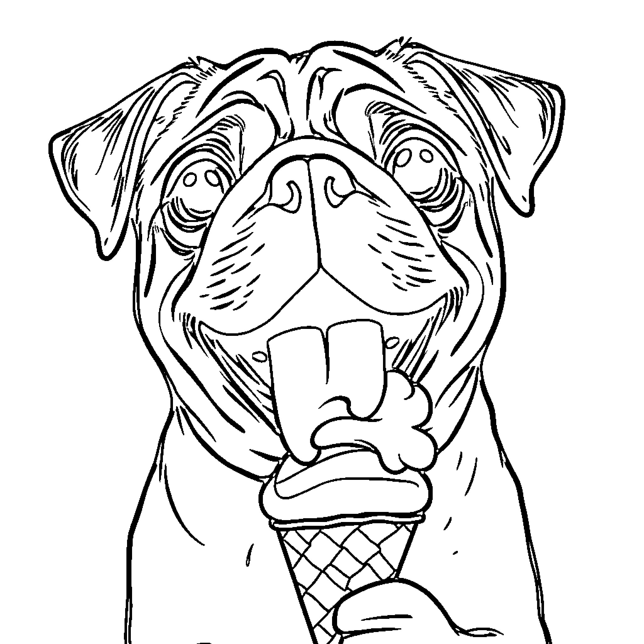 Pug licking an ice cream cone Coloring Page (free black-and-white line drawing printable PDF for all, from beginners to advanced learners, including children, teens, adults, and seniors)