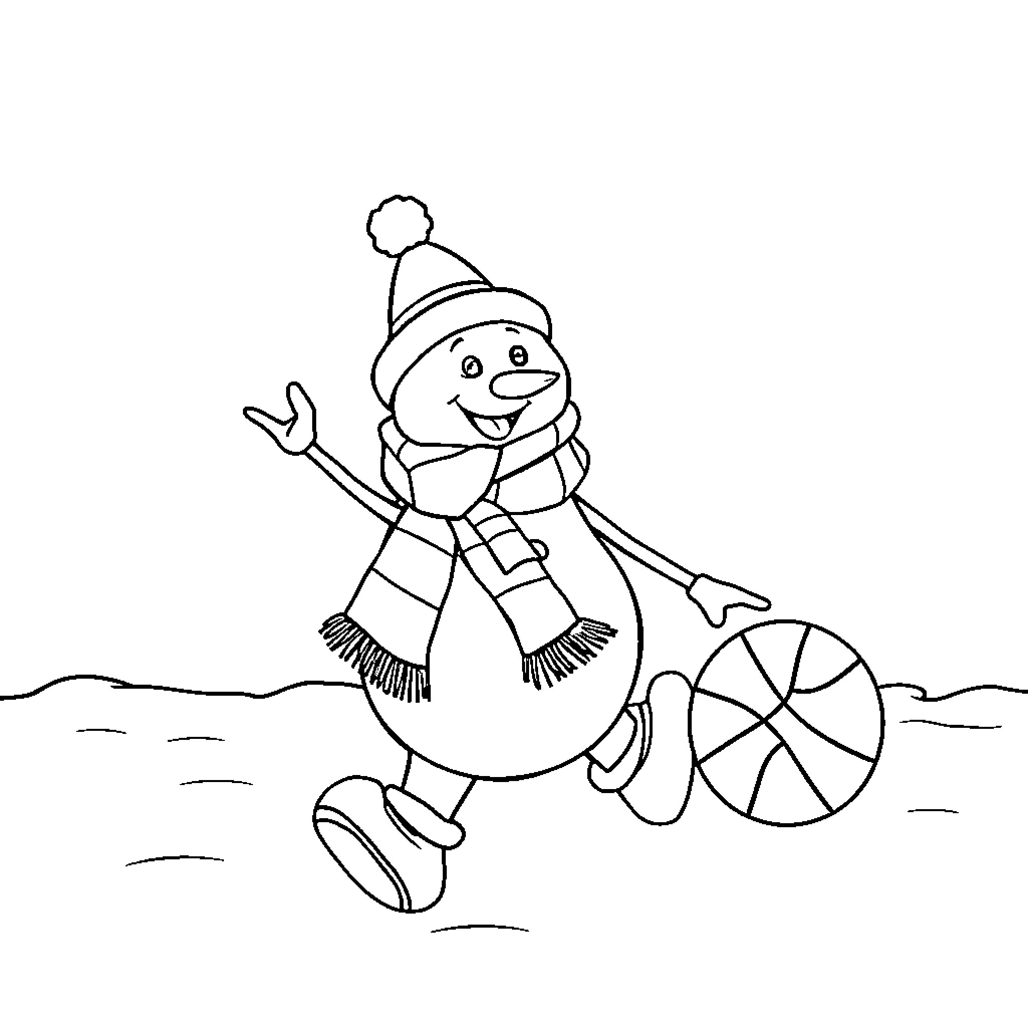 Snowman playing joyfully in the winter landscape Coloring Page (free black-and-white line drawing printable PDF for all, from beginners to advanced learners, including children, teens, adults, and seniors)