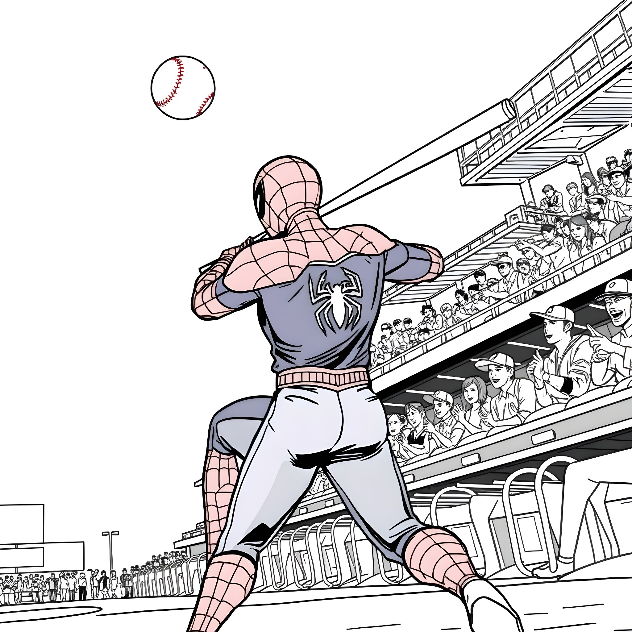 Spiderman hitting a baseball in a stadium Coloring Page (free black-and-white line drawing printable PDF for all, from beginners to advanced learners, including children, teens, adults, and seniors)