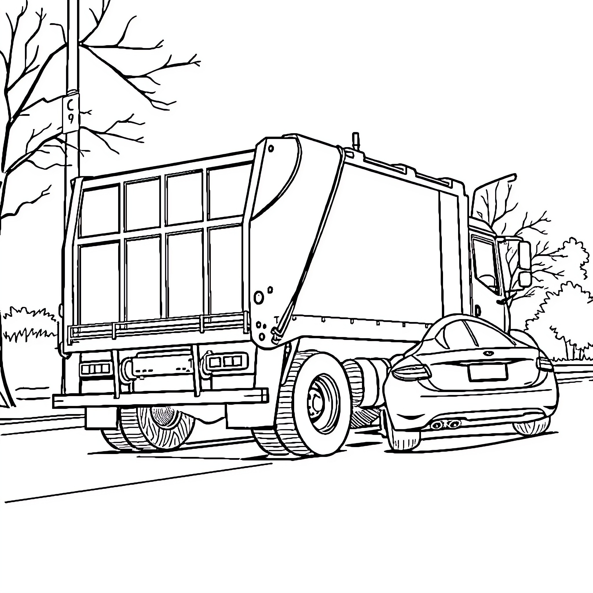 Trash Truck Collecting Garbage on the Street Coloring Page (free black-and-white line drawing printable PDF for all, from beginners to advanced learners, including children, teens, adults, and seniors)