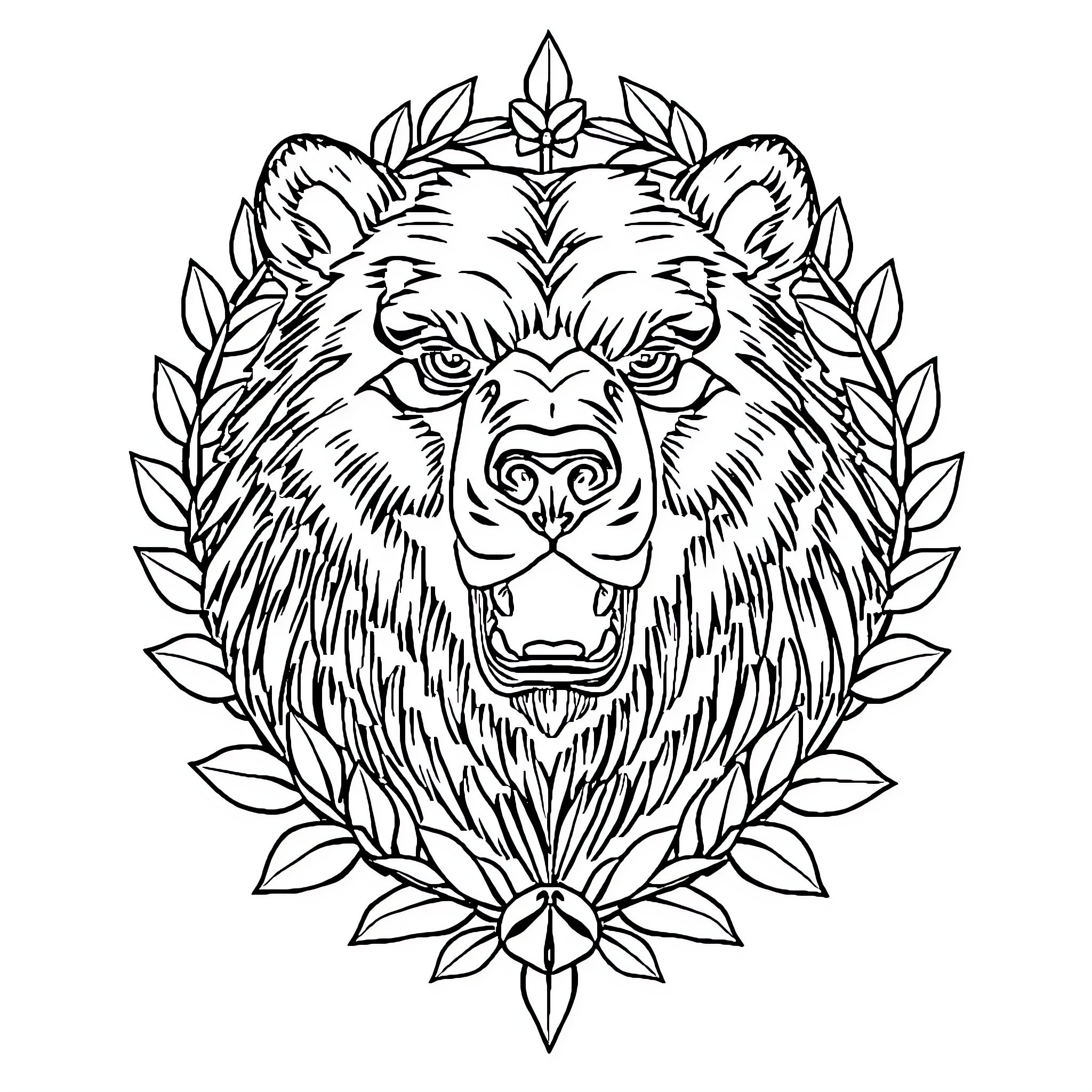 Bear in Intricate Floral Wreath Coloring Page (free black-and-white line drawing printable PDF for all, from beginners to advanced learners, including children, teens, adults, and seniors)