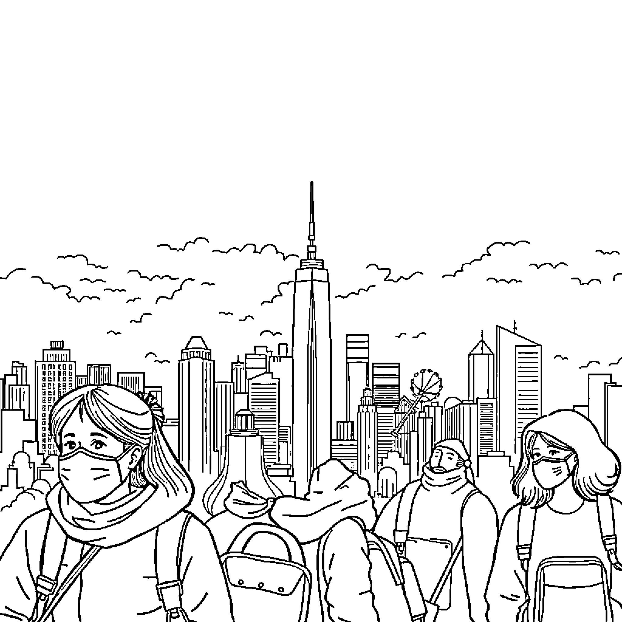Smog covered city streets with crowded pedestrians Coloring Page (free black-and-white line drawing printable PDF for all, from beginners to advanced learners, including children, teens, adults, and seniors)