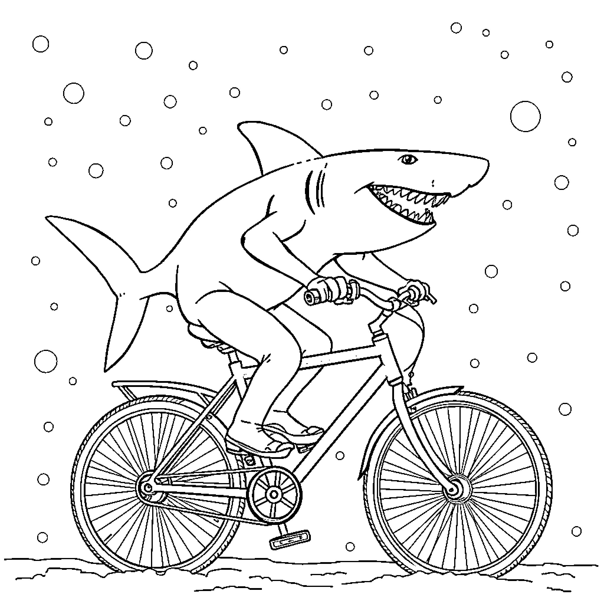 Shark riding a bicycle Coloring Page (free black-and-white line drawing printable PDF for all, from beginners to advanced learners, including children, teens, adults, and seniors)