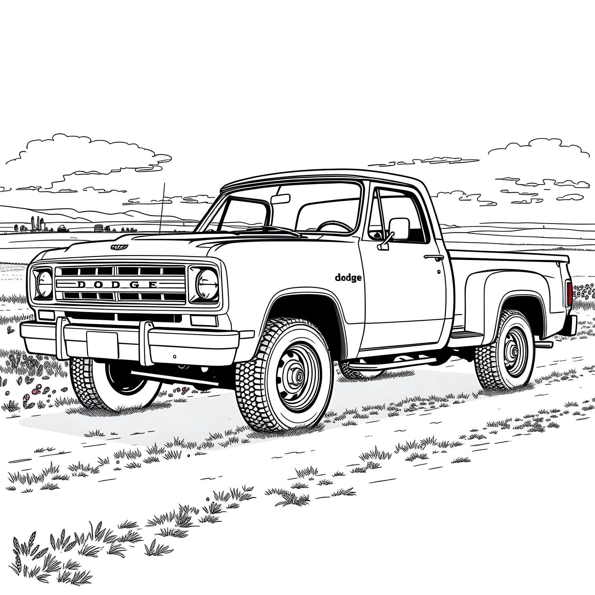 Dodge Pickup Truck in the Rural Landscape Coloring Page (free black-and-white line drawing printable PDF for all, from beginners to advanced learners, including children, teens, adults, and seniors)