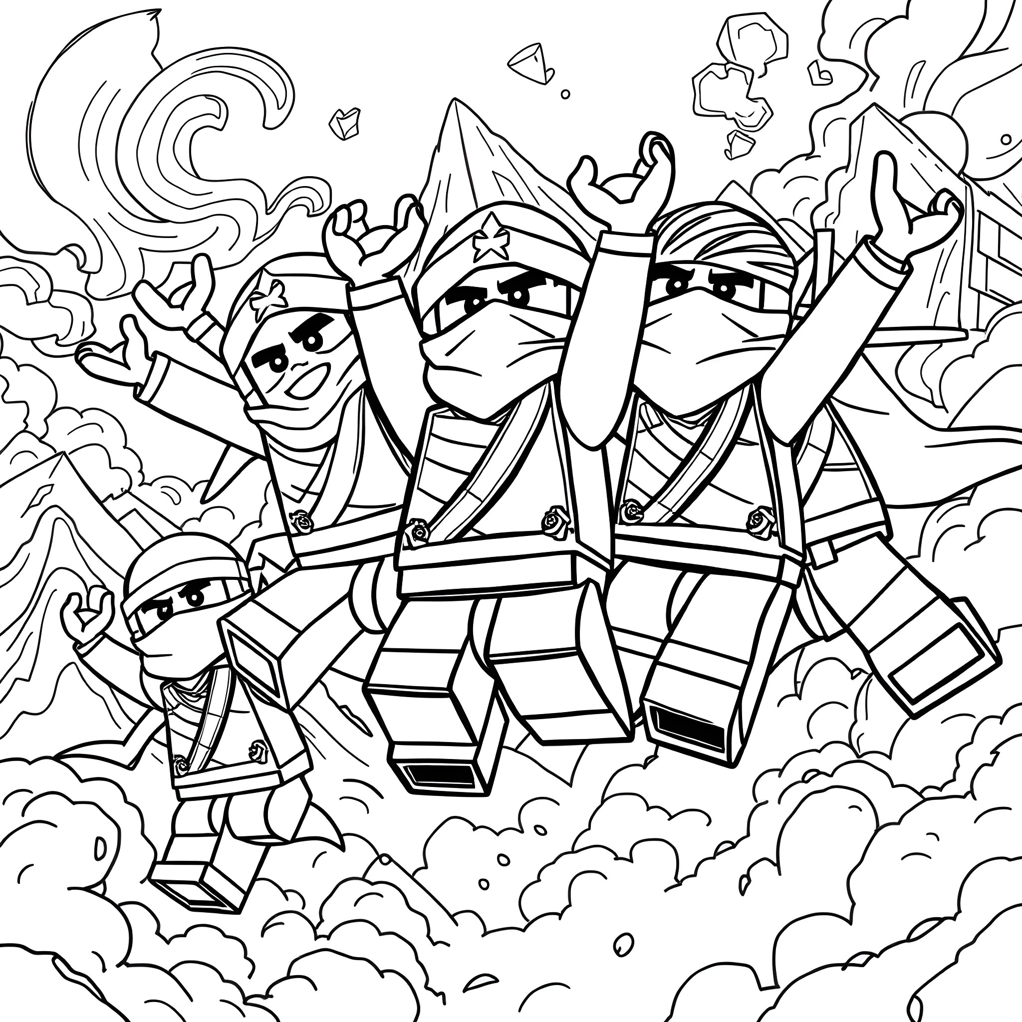 Ninjago heroes in action-packed adventure Coloring Page (free black-and-white line drawing printable PDF for all, from beginners to advanced learners, including children, teens, adults, and seniors)