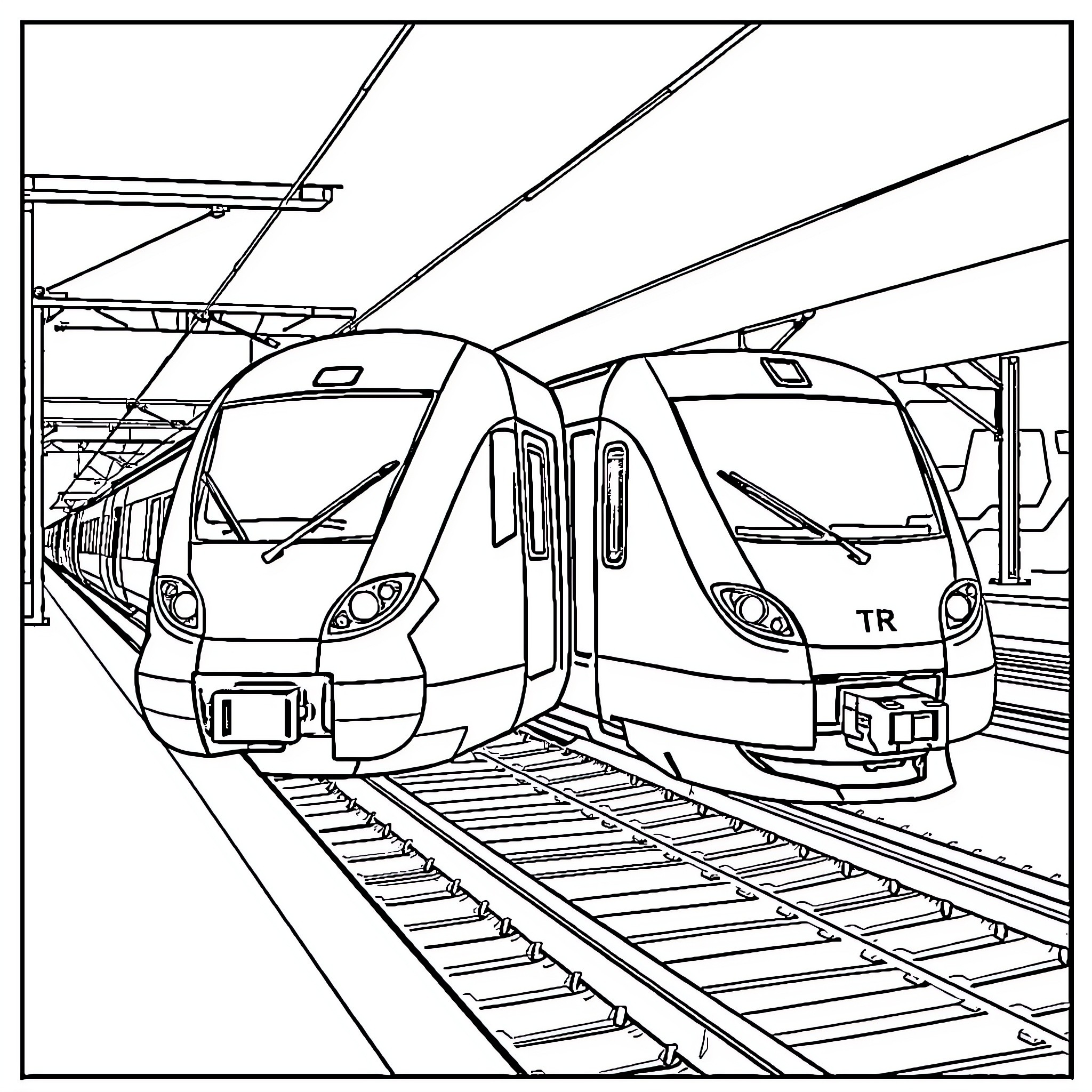 TGV trains at the station platform Coloring Page (free black-and-white line drawing printable PDF for all, from beginners to advanced learners, including children, teens, adults, and seniors)