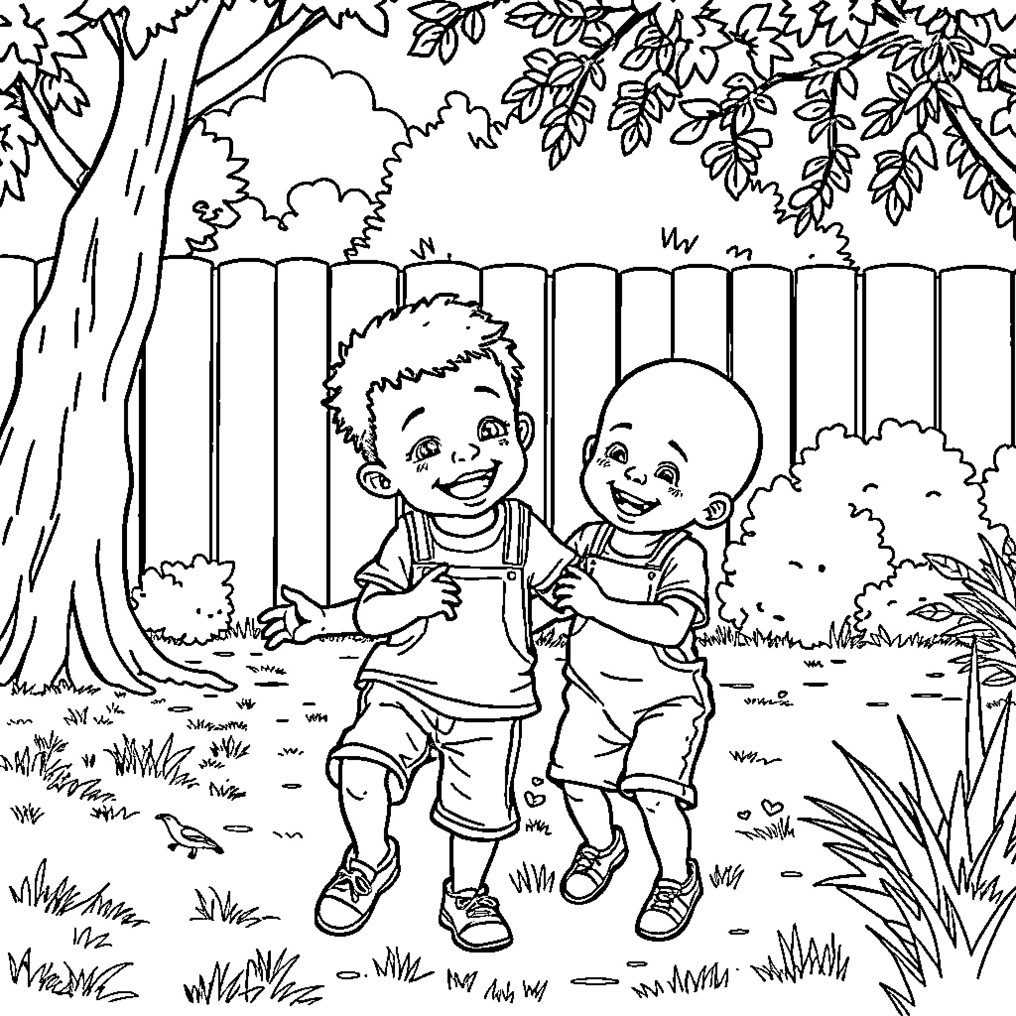 Children playing joyfully in the garden Coloring Page (free black-and-white line drawing printable PDF for all, from beginners to advanced learners, including children, teens, adults, and seniors)