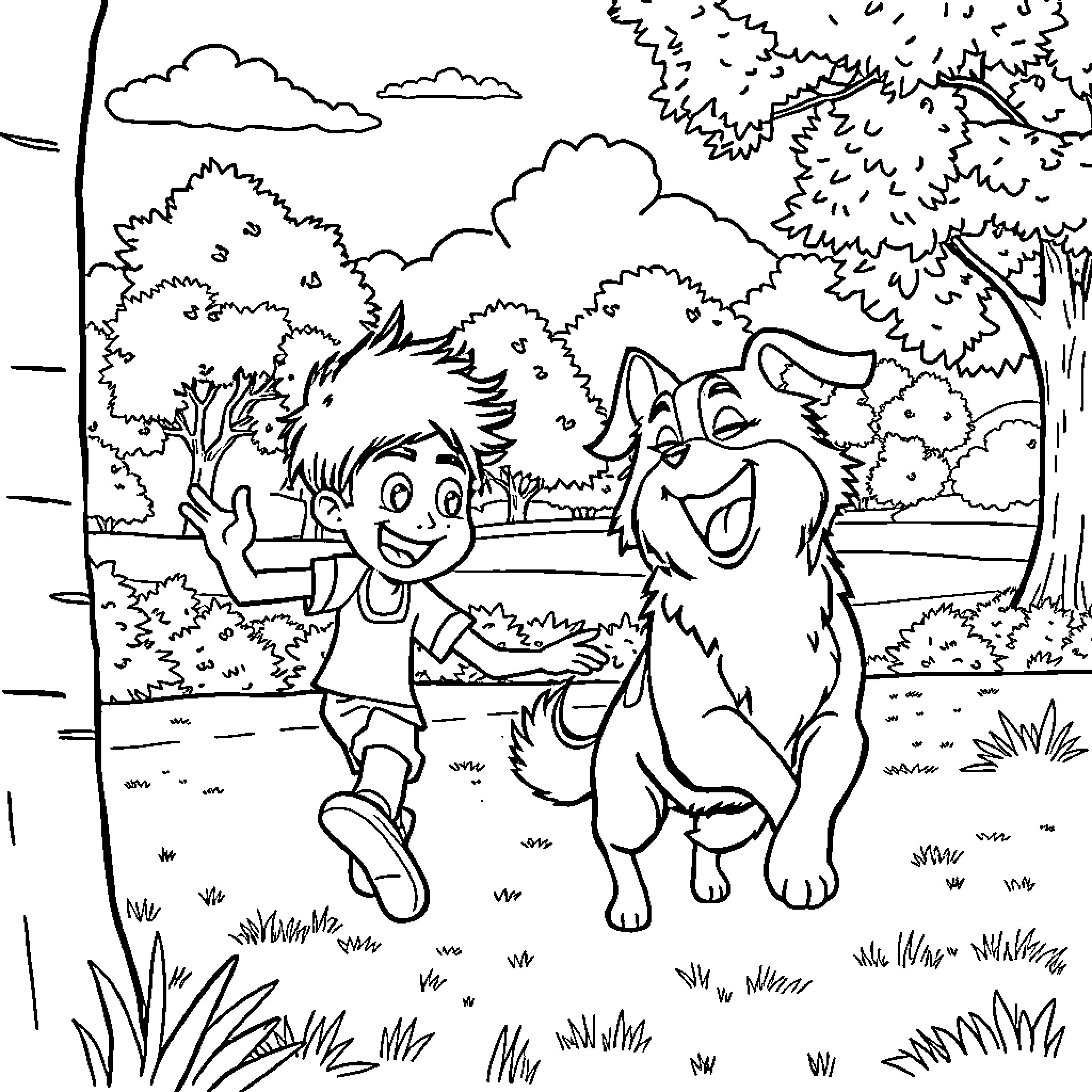Ash's Outdoor Adventure with Playful Companion Coloring Page (free black-and-white line drawing printable PDF for all, from beginners to advanced learners, including children, teens, adults, and seniors)