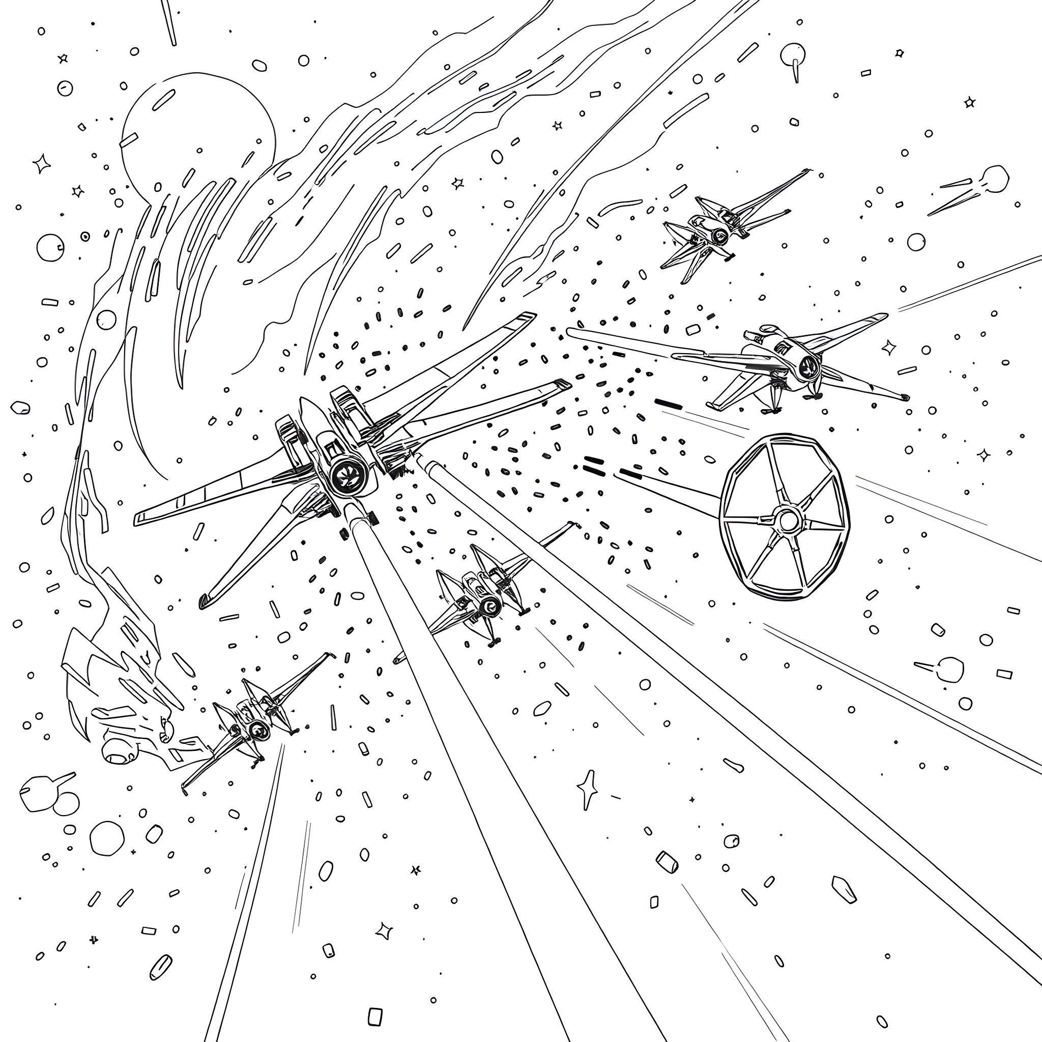 X-Wing Starfighters Engage in Fierce Interstellar Battle Coloring Page (free black-and-white line drawing printable PDF for all, from beginners to advanced learners, including children, teens, adults, and seniors)