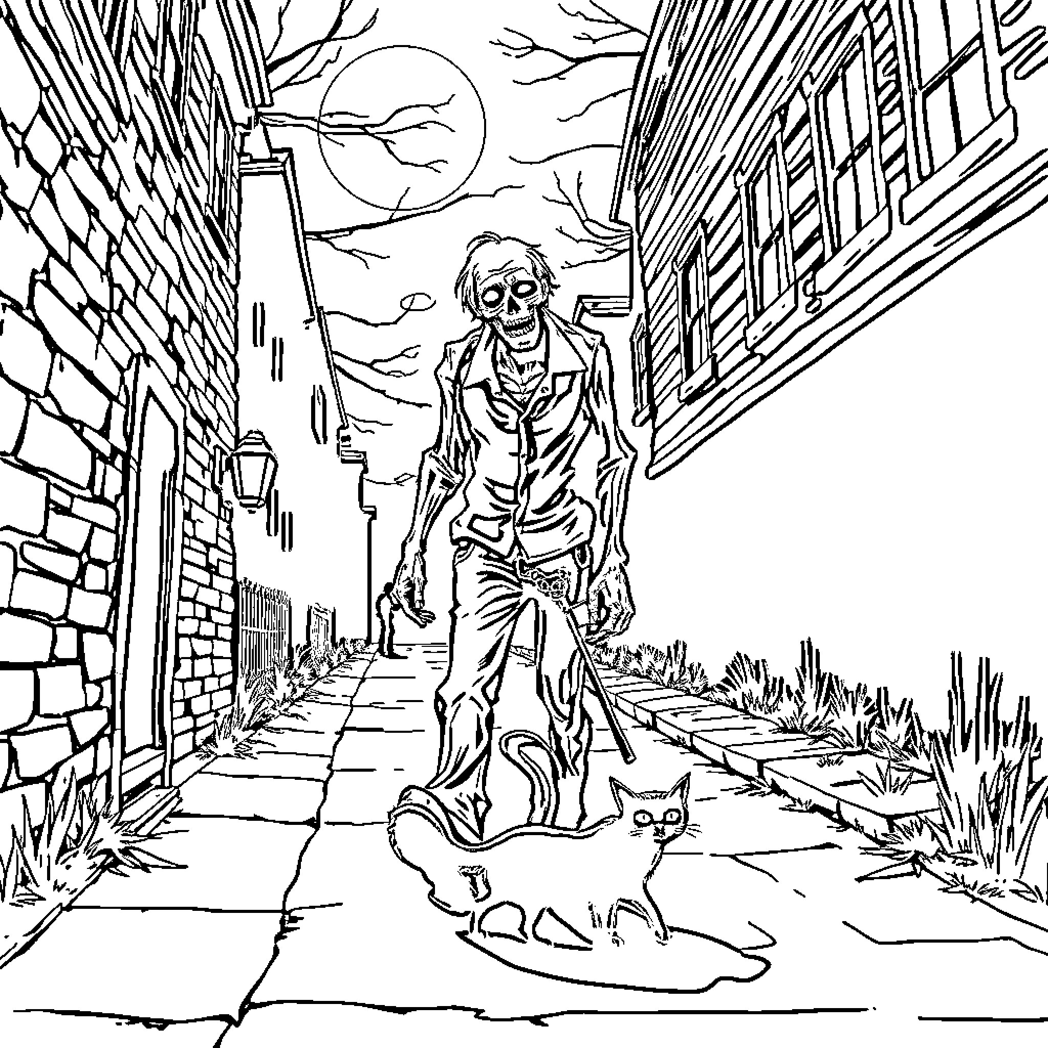 Zombie Wandering Through Eerie City Alleyway Coloring Page (free black-and-white line drawing printable PDF for all, from beginners to advanced learners, including children, teens, adults, and seniors)