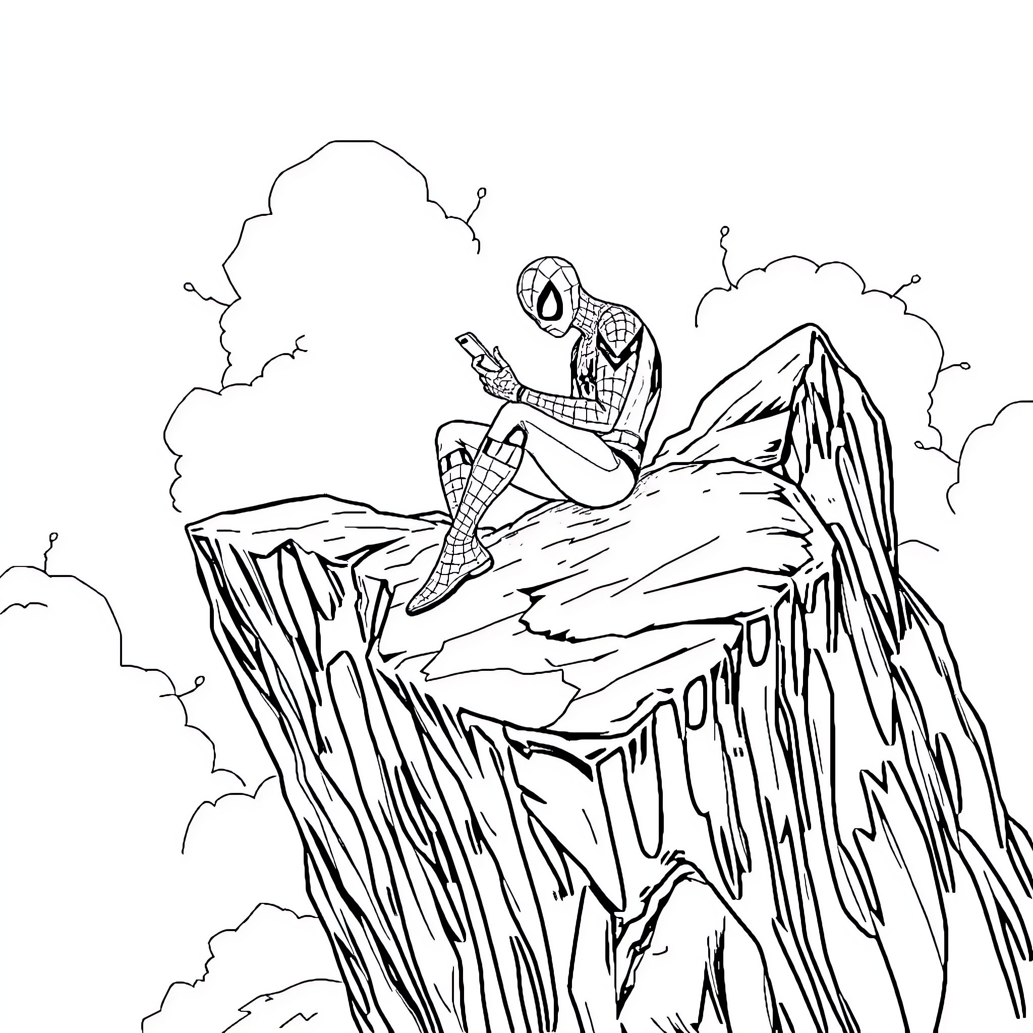 Spiderman contemplating on a cliff Coloring Page (free black-and-white line drawing printable PDF for all, from beginners to advanced learners, including children, teens, adults, and seniors)