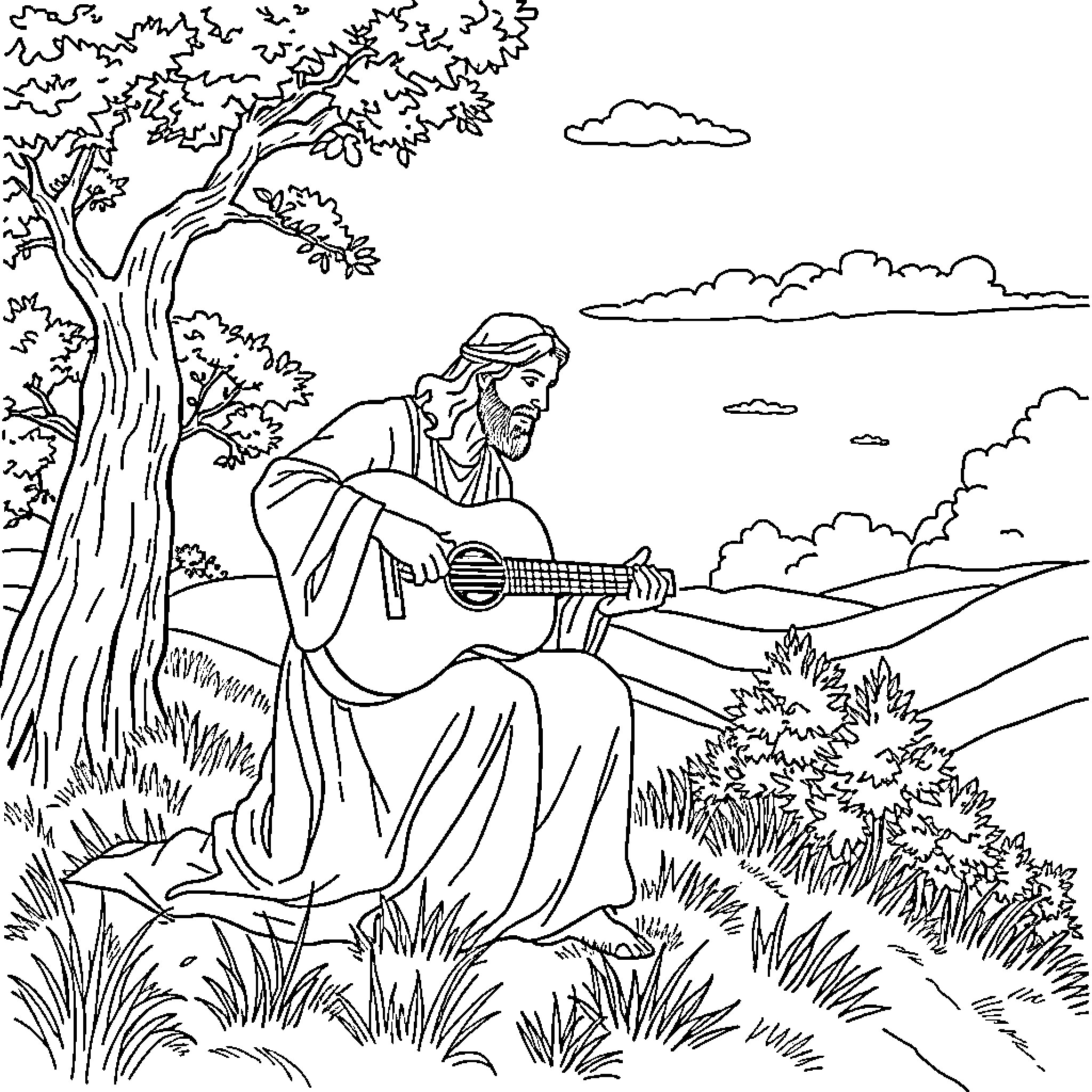 Jesus sitting under a tree playing a guitar Coloring Page (free black-and-white line drawing printable PDF for all, from beginners to advanced learners, including children, teens, adults, and seniors)