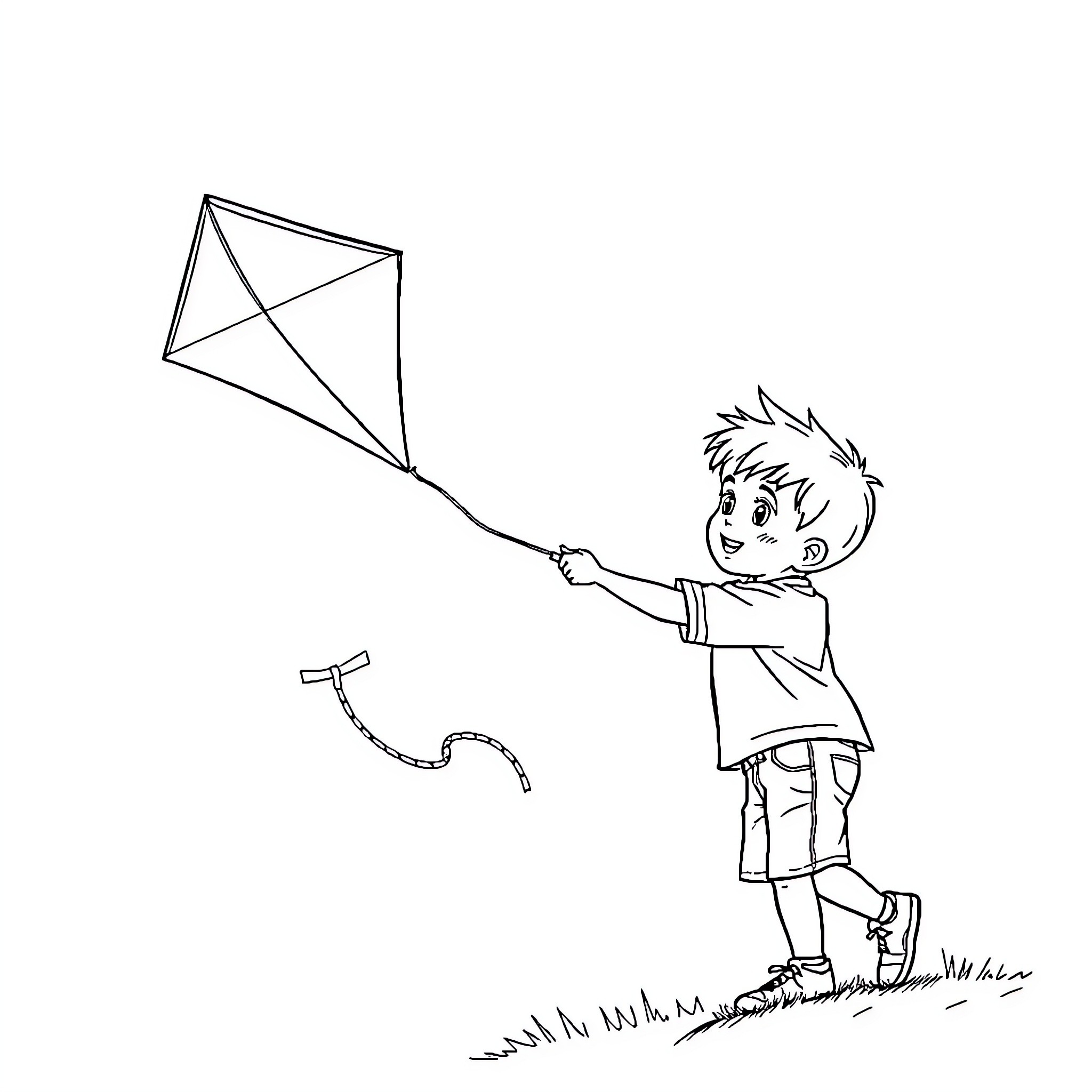 Boy flying a kite in the field Coloring Page (free black-and-white line drawing printable PDF for all, from beginners to advanced learners, including children, teens, adults, and seniors)