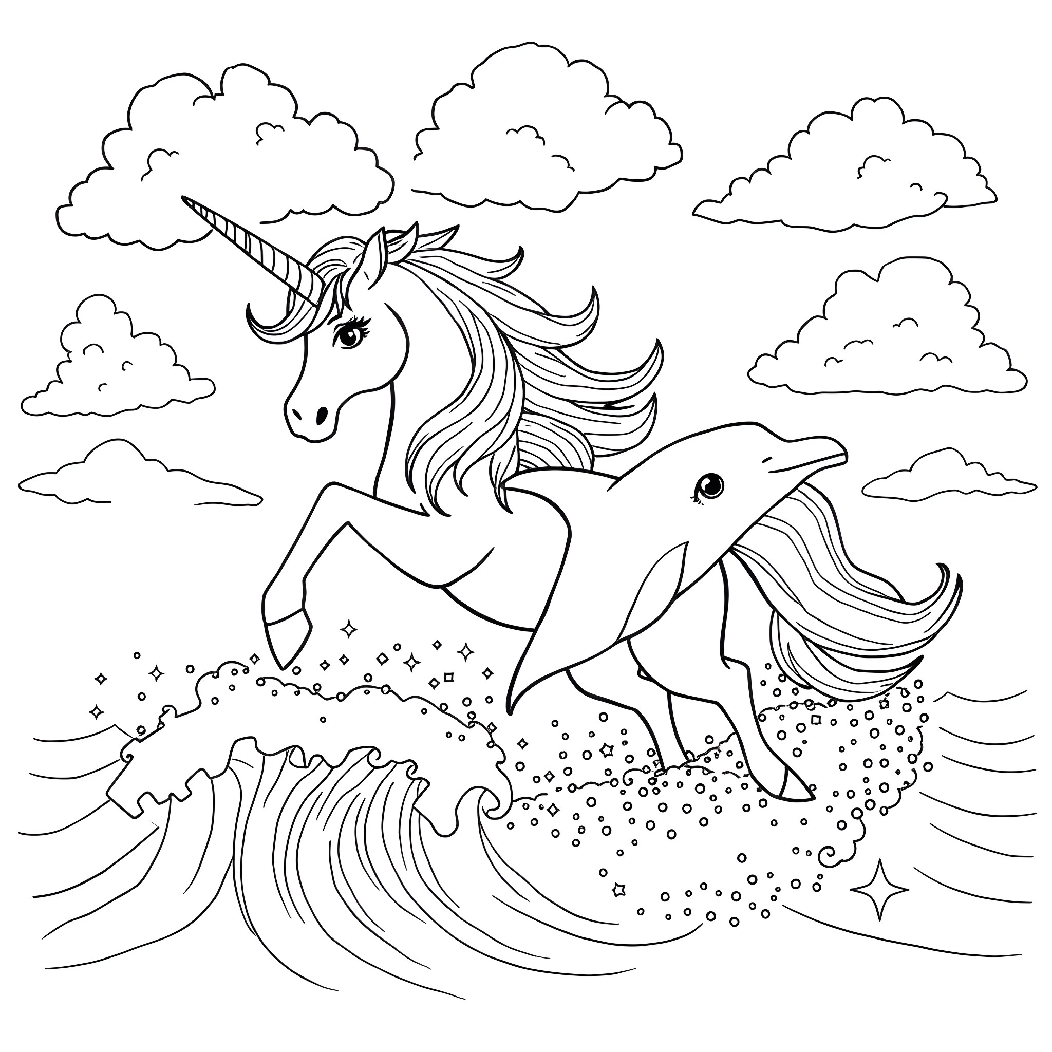 Unicorn Playing Happily with Dolphin in the Clouds Coloring Page (free black-and-white line drawing printable PDF for all, from beginners to advanced learners, including children, teens, adults, and seniors)