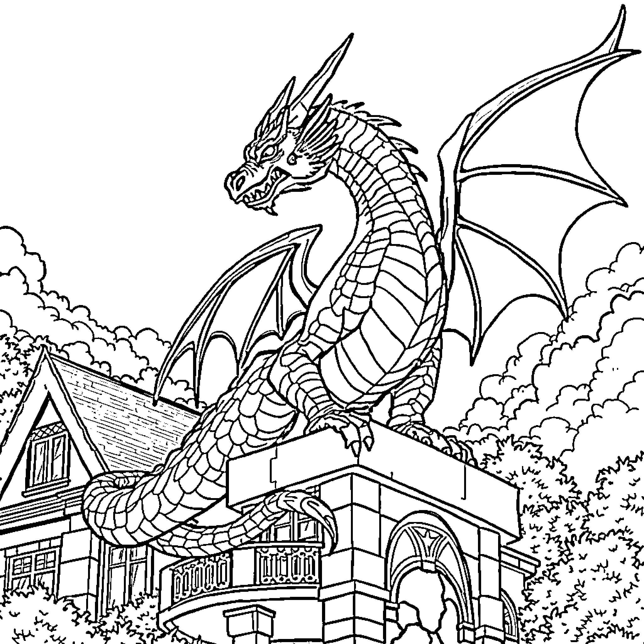 Dragon soaring over a medieval castle Coloring Page (free black-and-white line drawing printable PDF for all, from beginners to advanced learners, including children, teens, adults, and seniors)