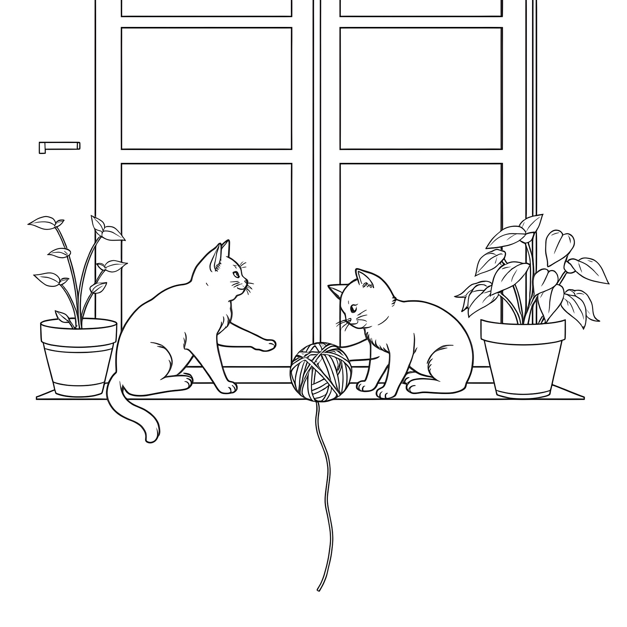 Cats playing with yarn by the window Coloring Page (free black-and-white line drawing printable PDF for all, from beginners to advanced learners, including children, teens, adults, and seniors)