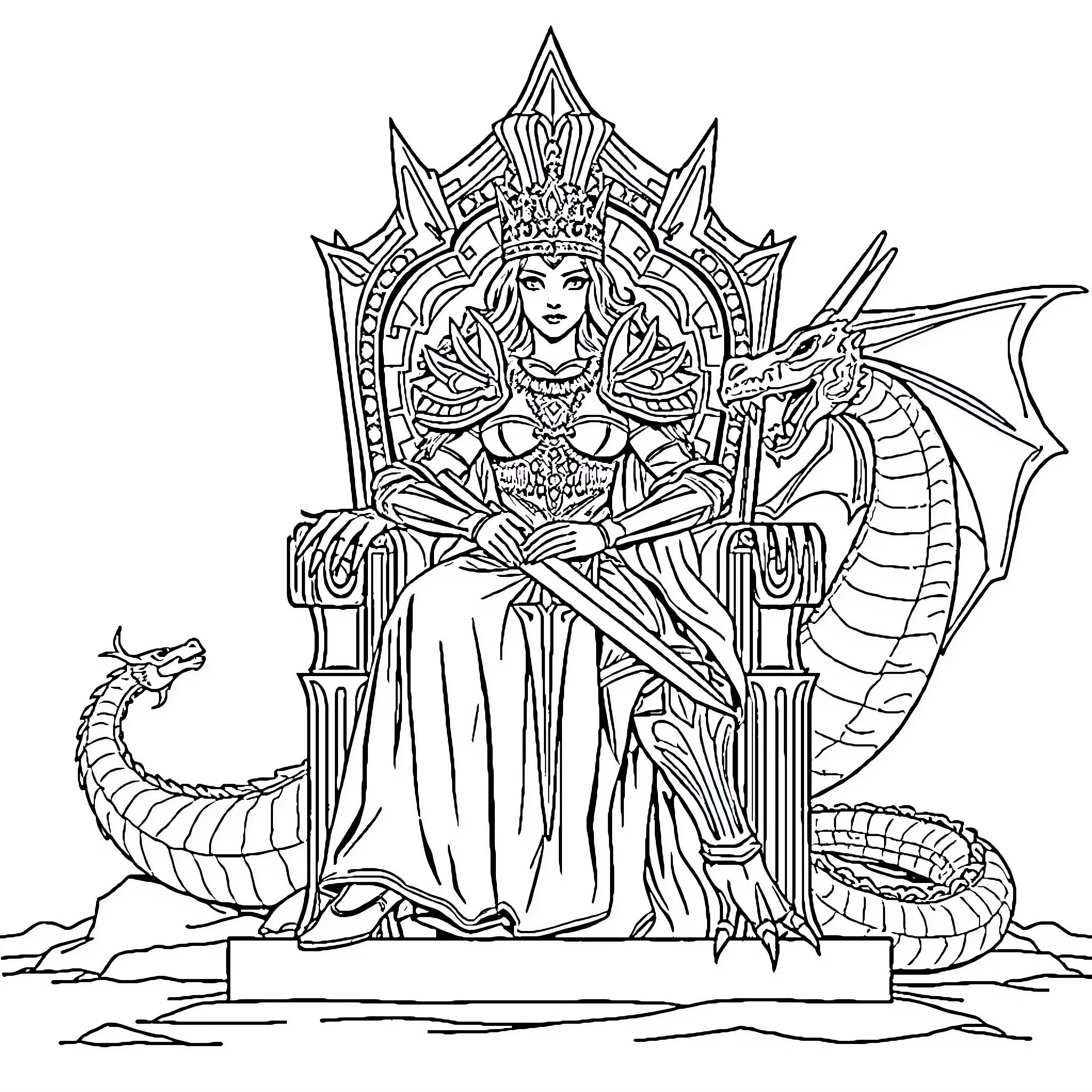 Queen's Regal Throne with Fantastical Creatures Coloring Page (free black-and-white line drawing printable PDF for all, from beginners to advanced learners, including children, teens, adults, and seniors)