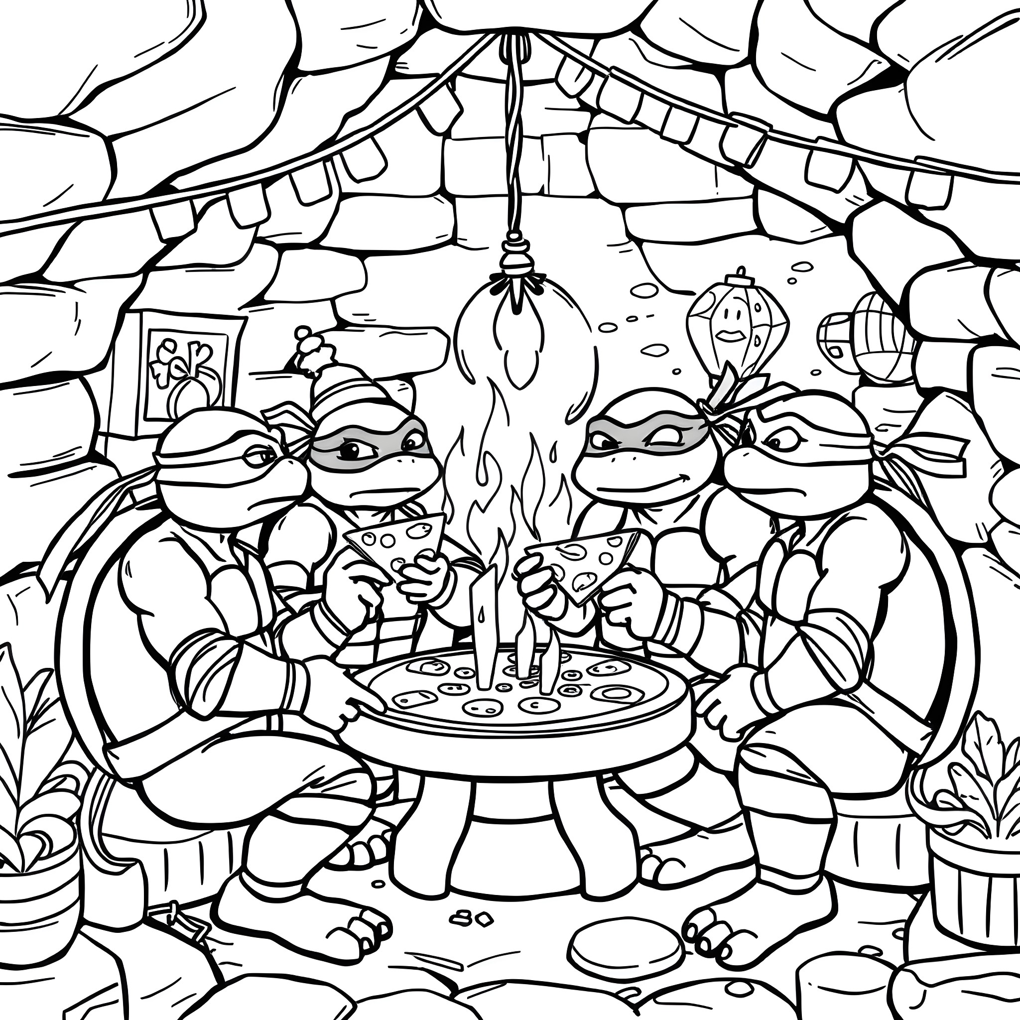 Teenage Mutant Ninja Turtles having a campfire party Coloring Page (free black-and-white line drawing printable PDF for all, from beginners to advanced learners, including children, teens, adults, and seniors)